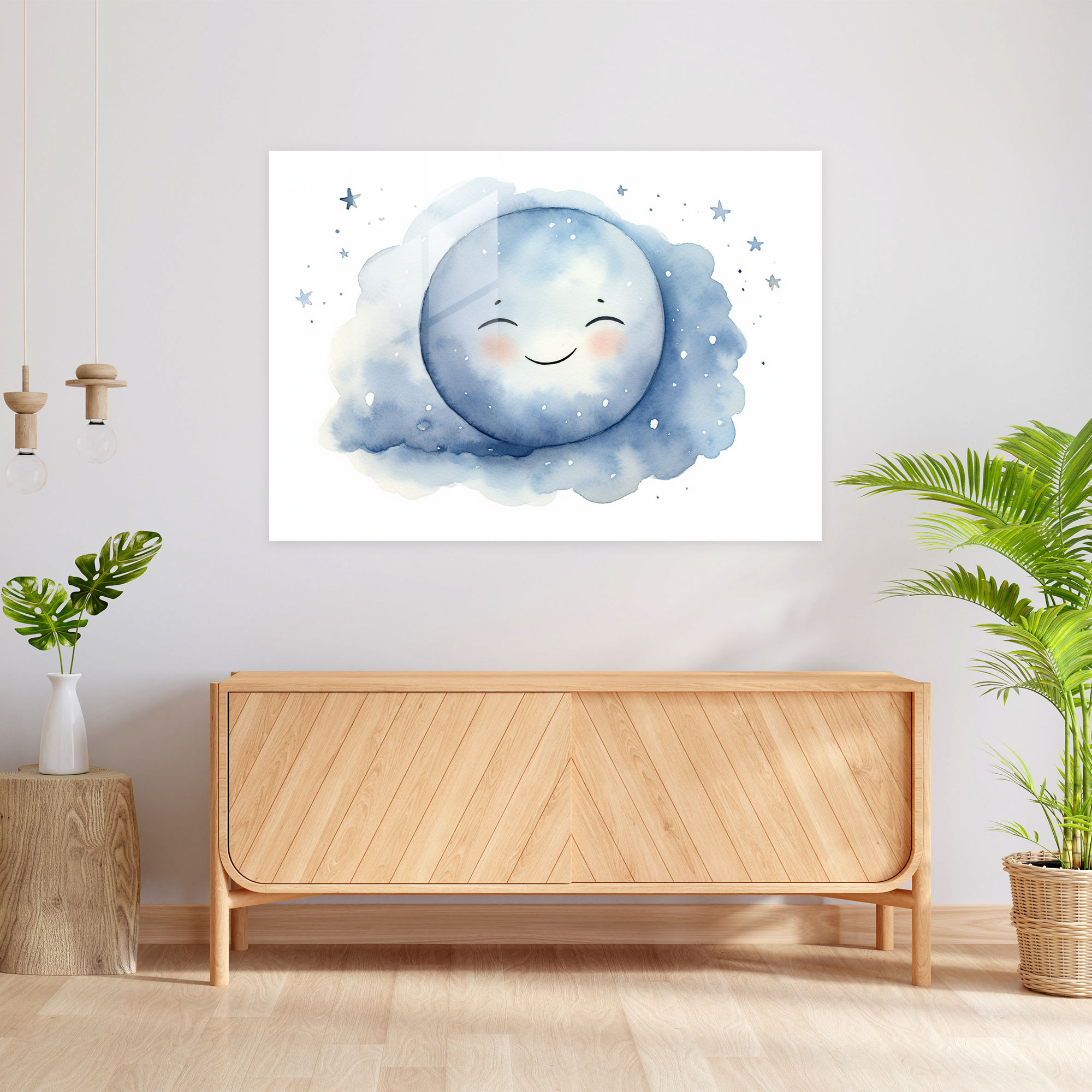 Smiling Moon Glass Wall Art - Earth, Home Decoration, Smiling Face, Adorable Moon