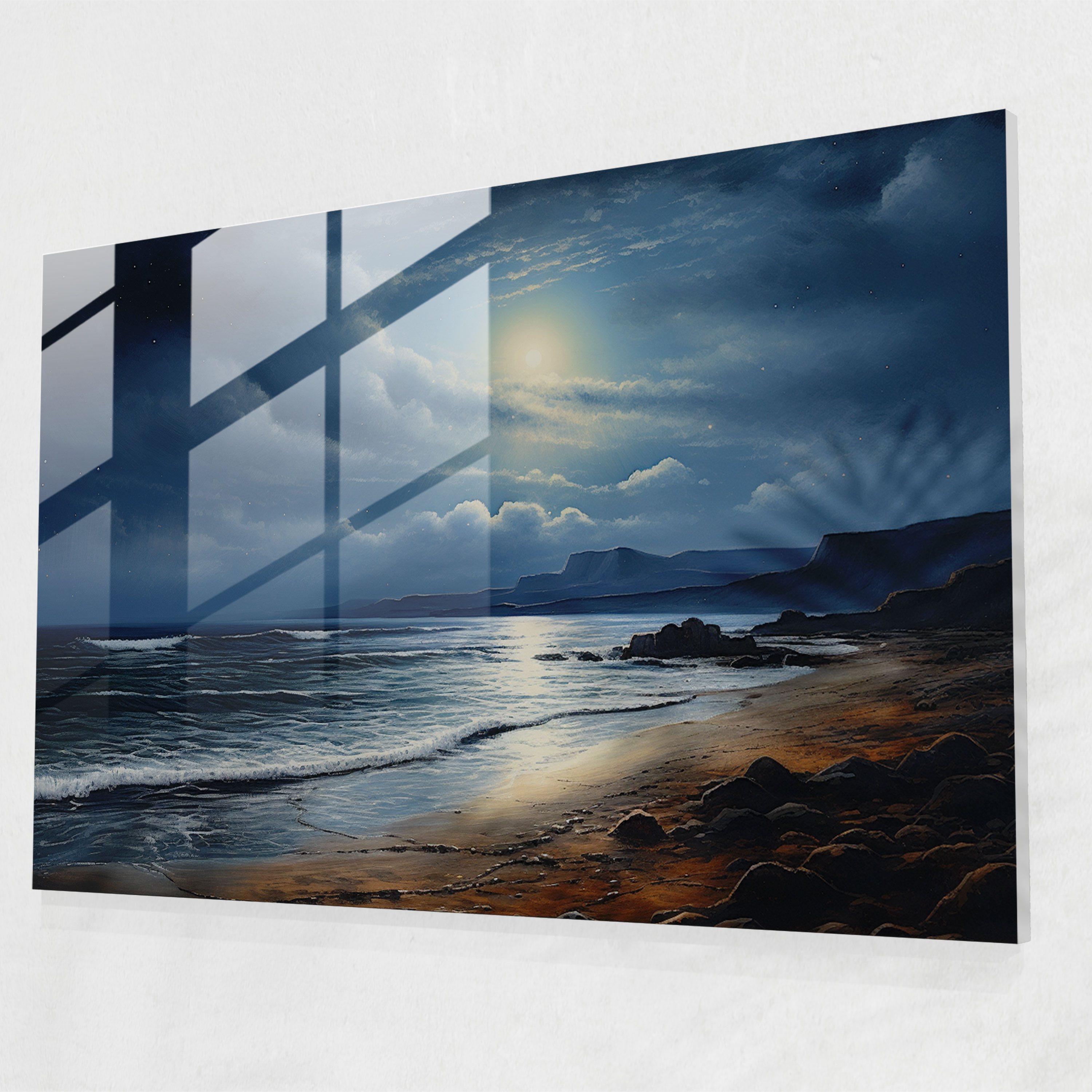 Moonlit Beach Glass Print - Earth, Romantic Painting, Wall Decoration, Coastline