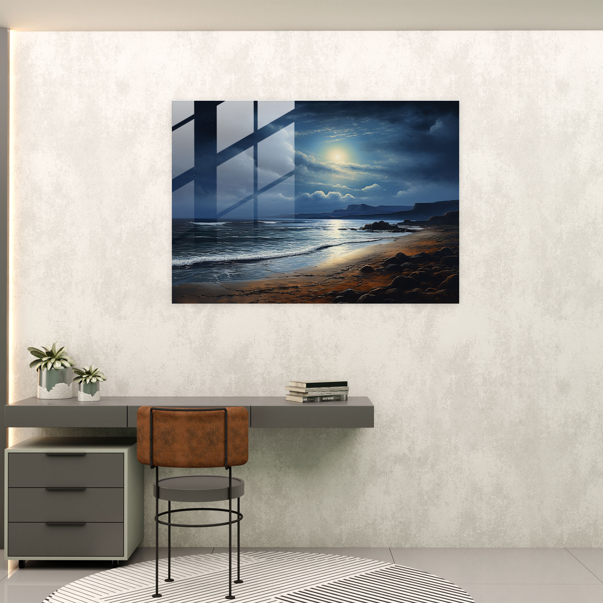 Moonlit Beach Glass Print - Earth, Romantic Painting, Wall Decoration, Coastline