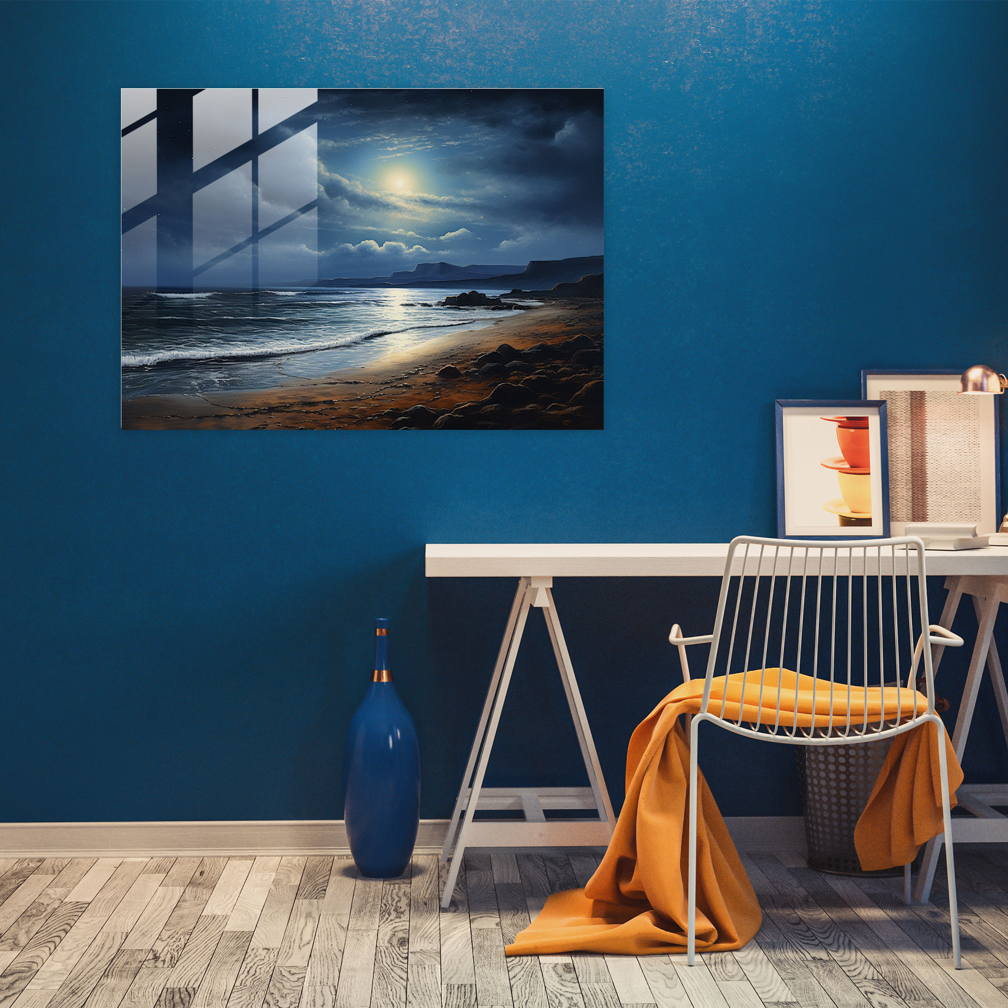 Moonlit Beach Glass Print - Earth, Romantic Painting, Wall Decoration, Coastline