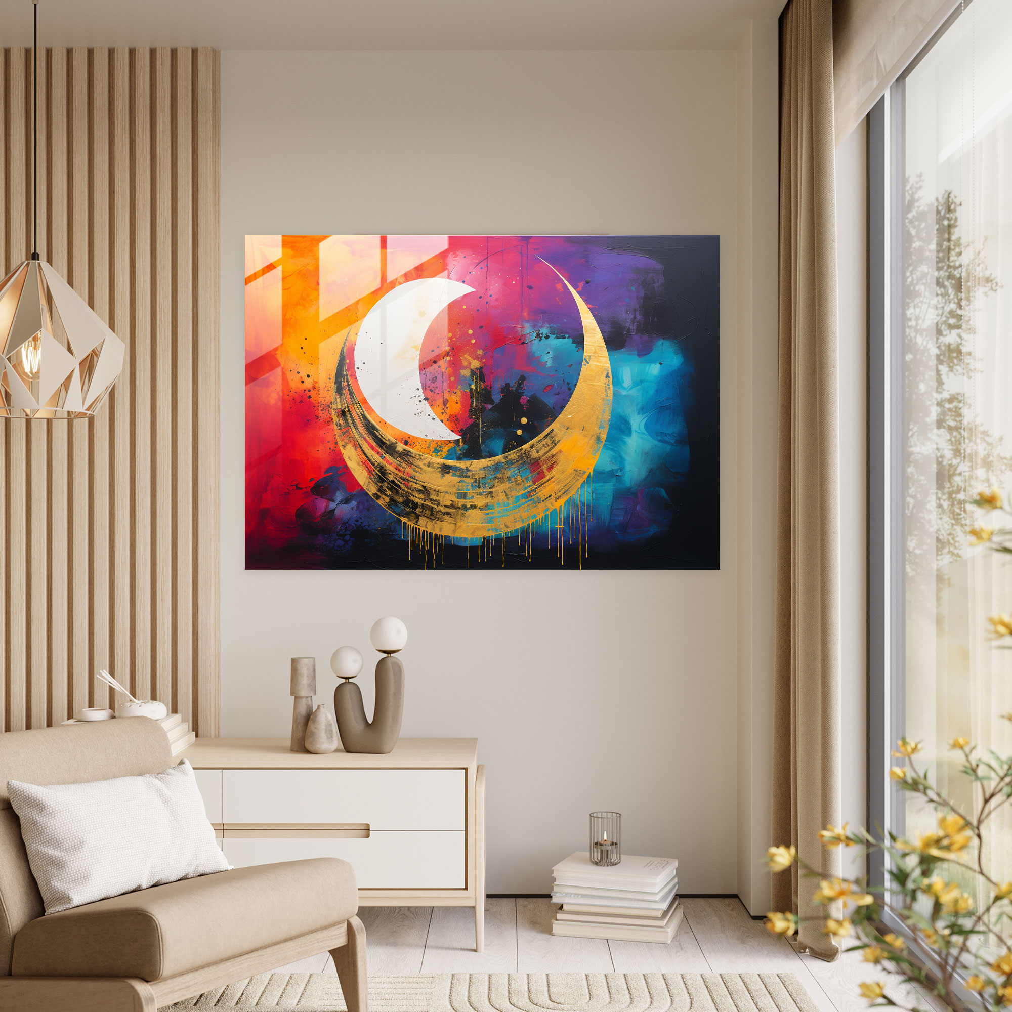 Moon Wall Decoration - Earth, Moon Silhouette, Harmonious Balance, Vibrant Abstract Colors