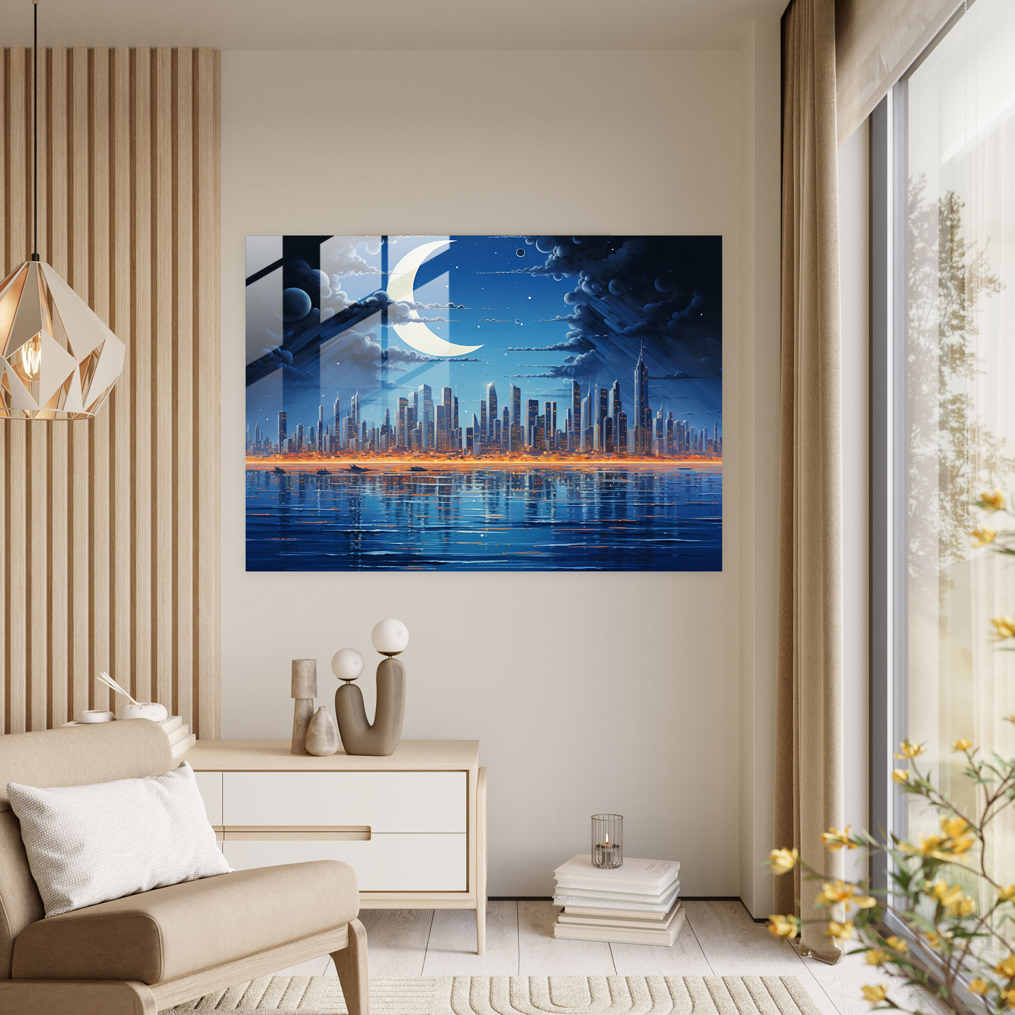 Moon Wall Decoration - Earth, Towering Skyscrapers, Modern Art, Glass Wall Art