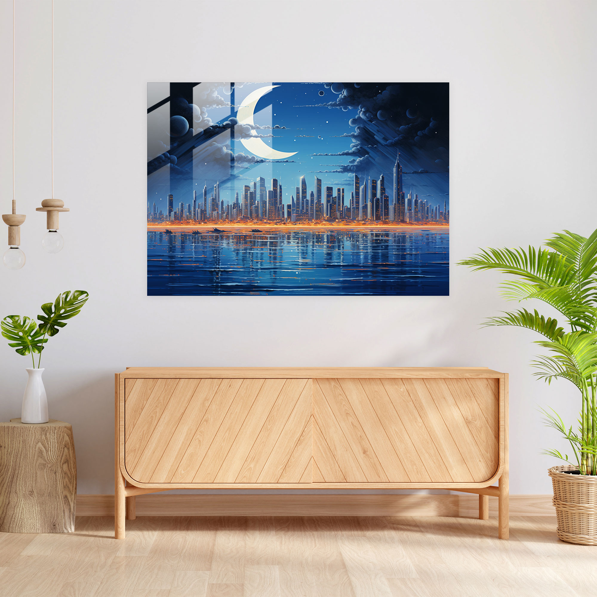 Moon Wall Decoration - Earth, Towering Skyscrapers, Modern Art, Glass Wall Art