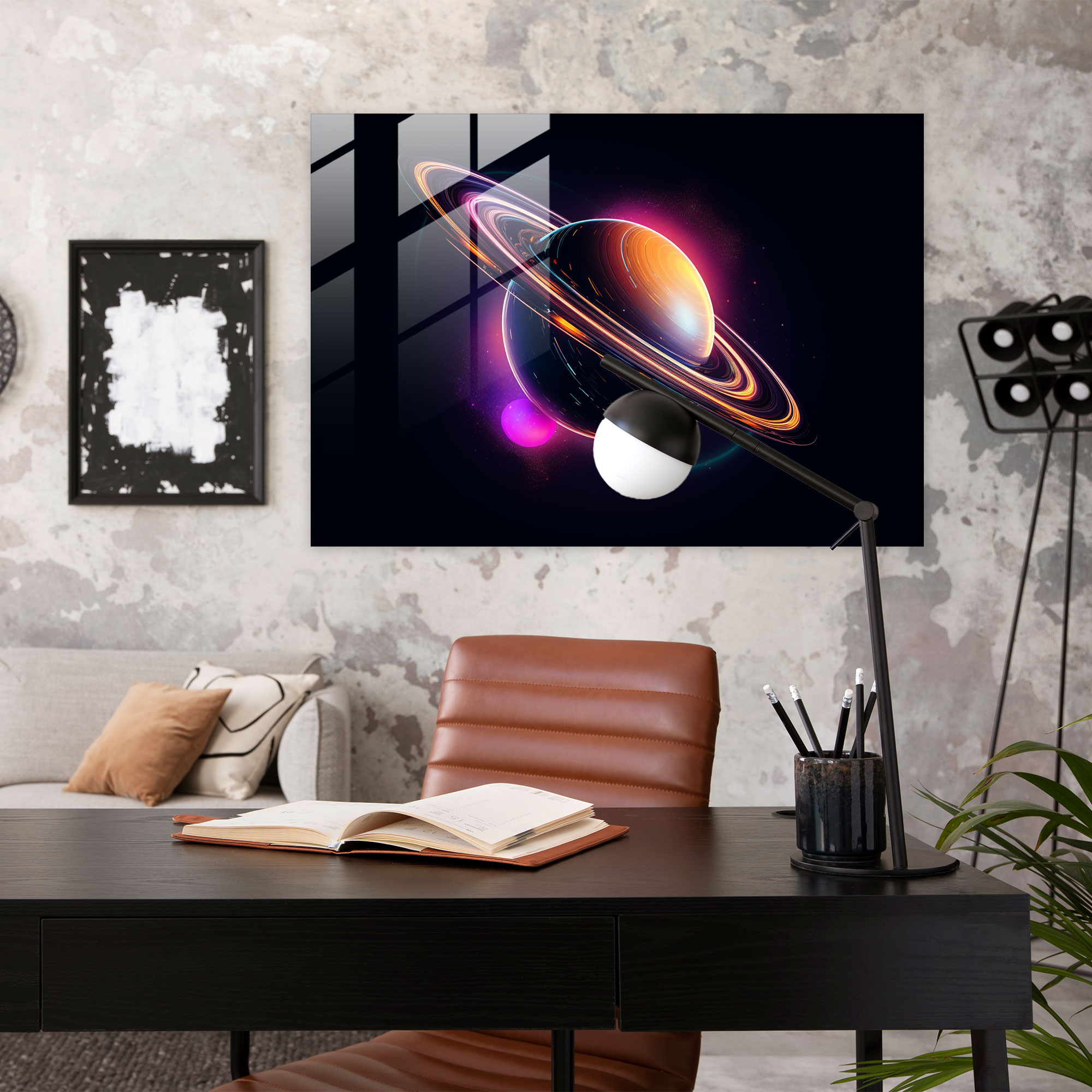 Saturn Neon Glass Print - Earth, Glass Wall Art, Glass Art, Glass Print