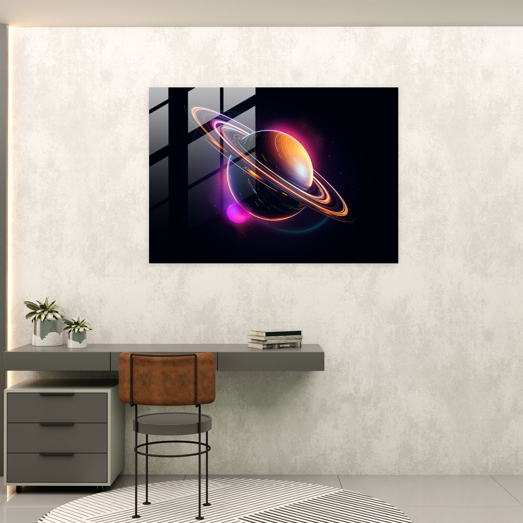 Saturn Neon Glass Print - Earth, Glass Wall Art, Glass Art, Glass Print
