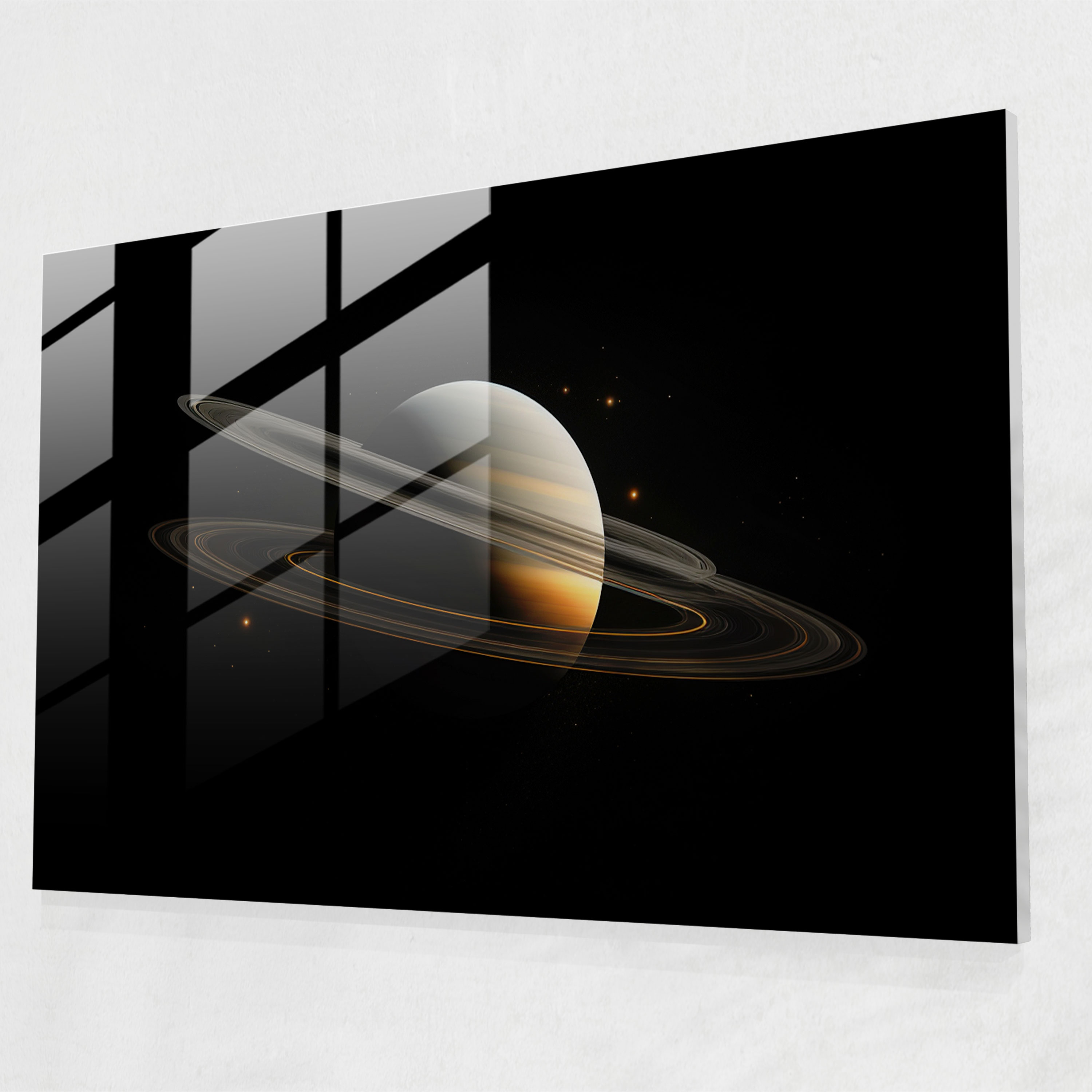 Saturn Minimalistic Glass Print - Earth, Wall Decoration, Saturn, Black Background