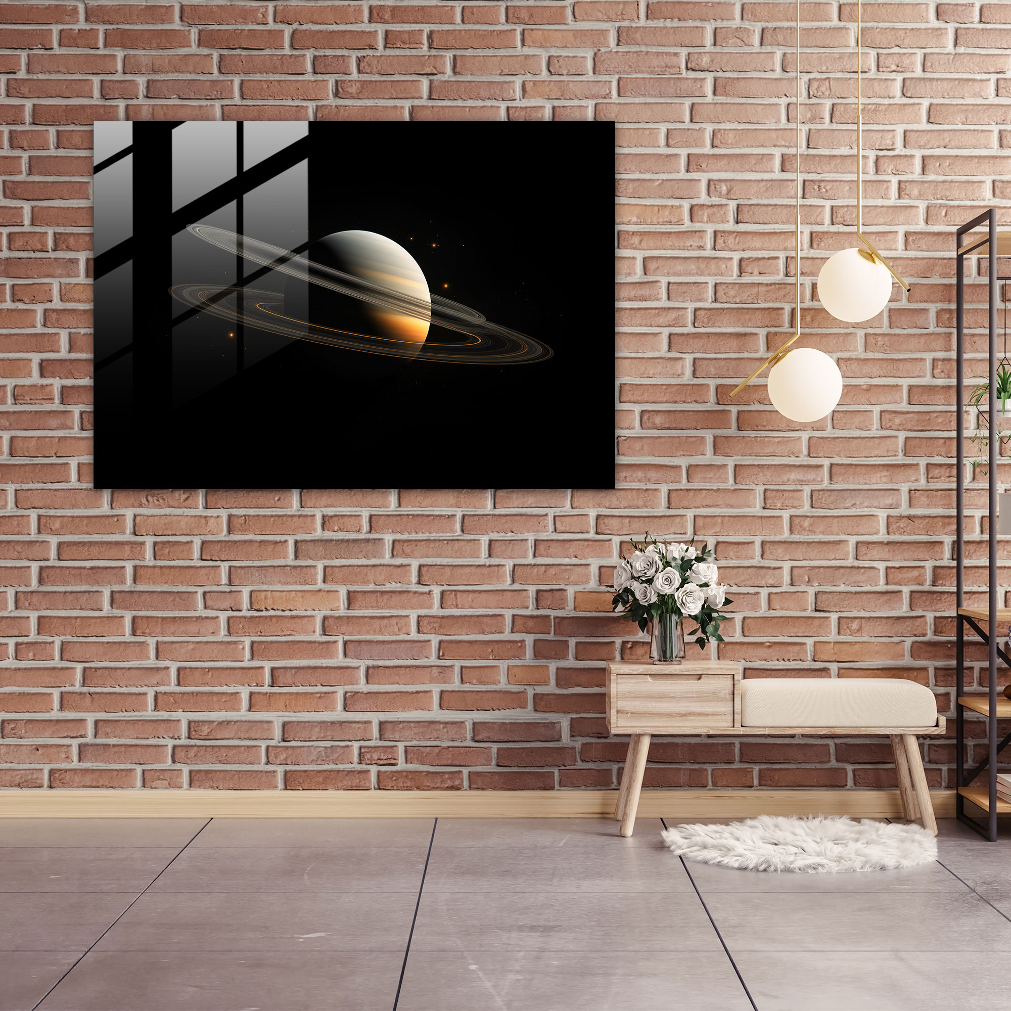 Saturn Minimalistic Glass Print - Earth, Wall Decoration, Saturn, Black Background