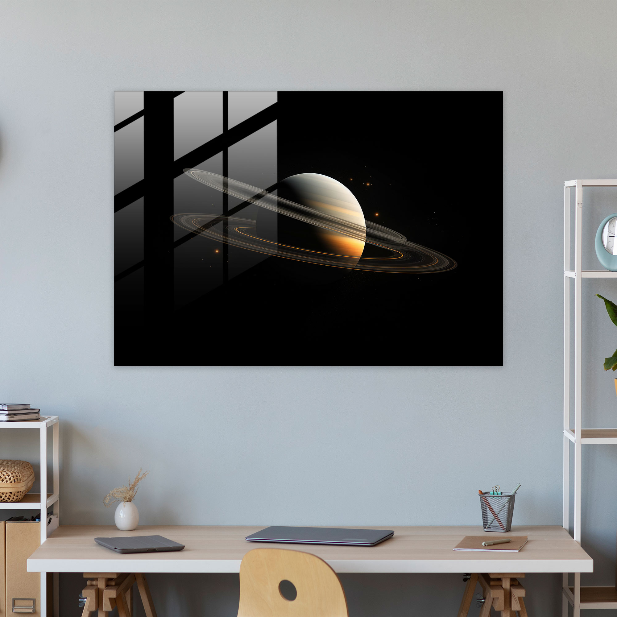 Saturn Minimalistic Glass Print - Earth, Wall Decoration, Saturn, Black Background