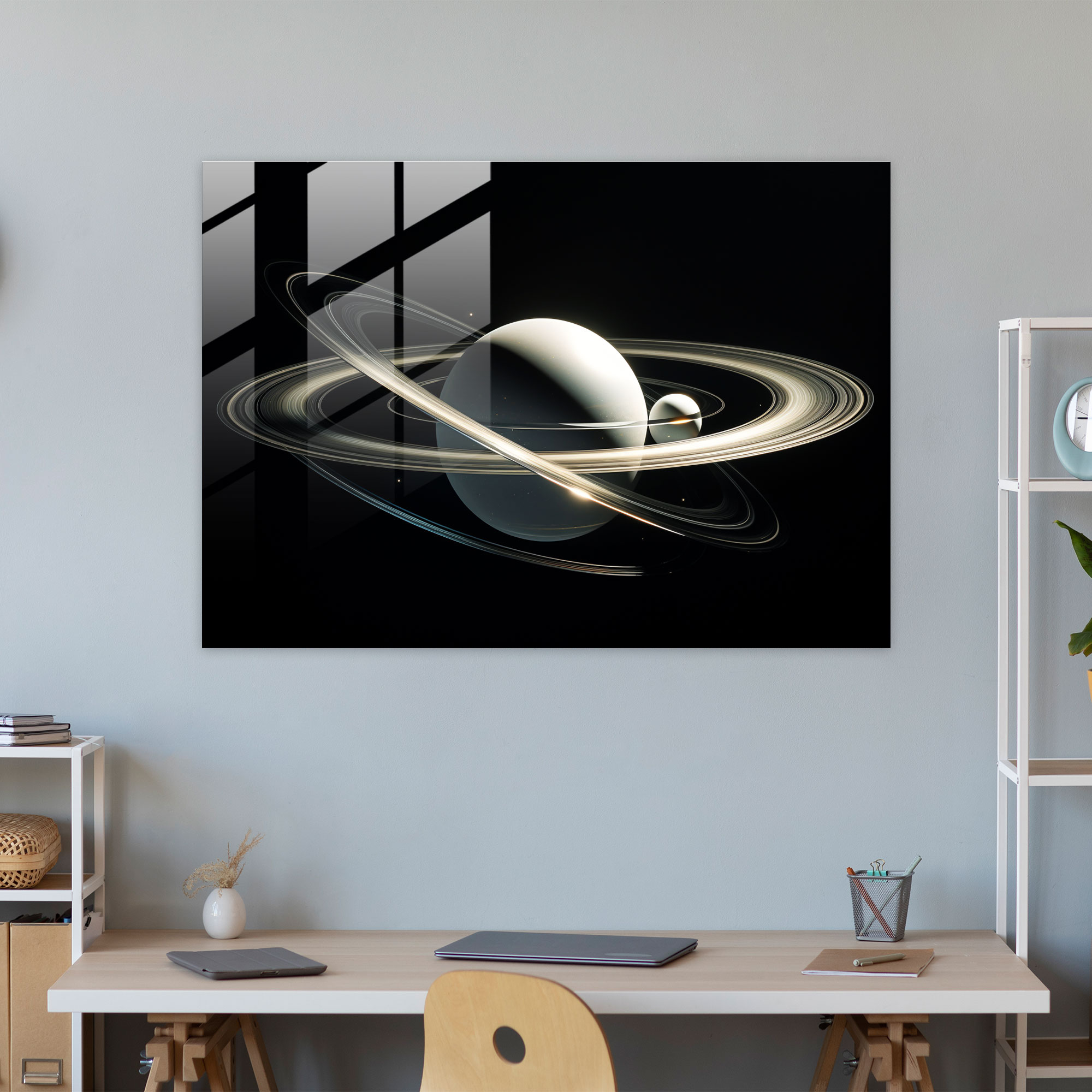Saturn Geometric Glass Print - Earth, Wall Decoration, Metallic Tones, Contemporary