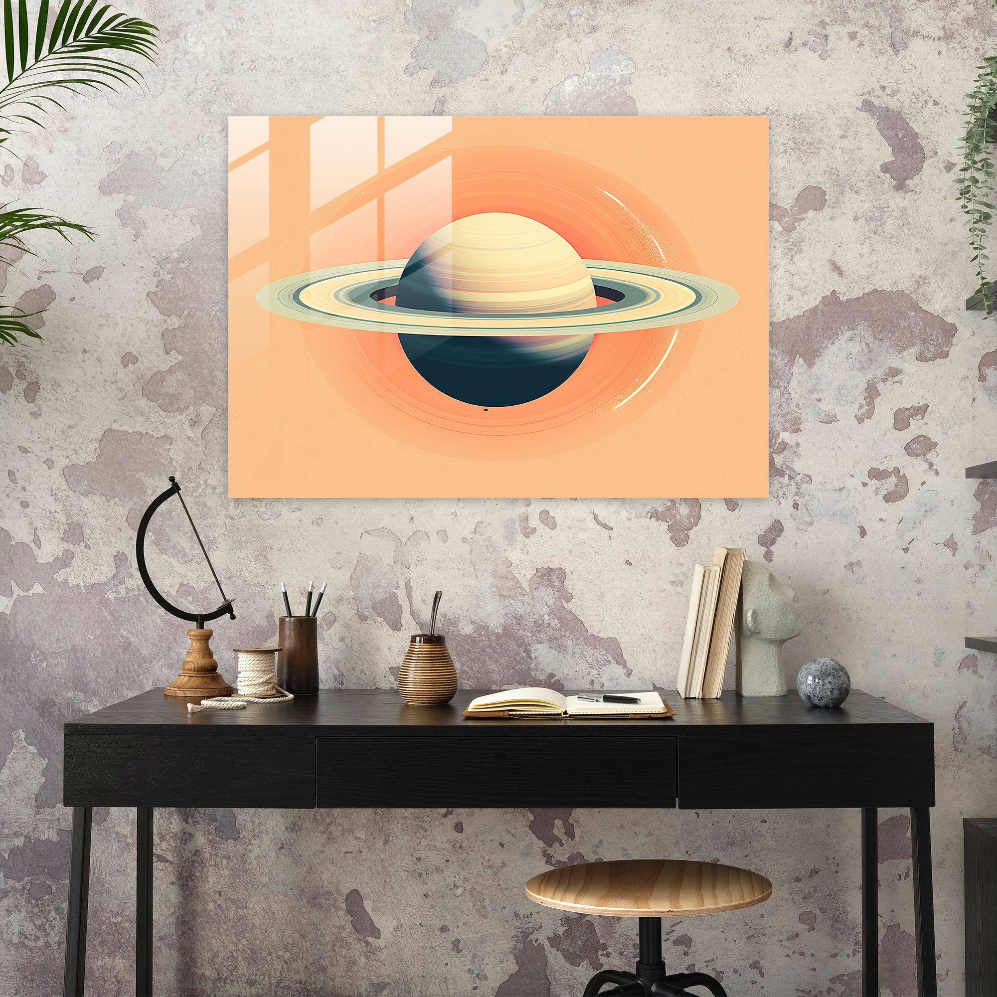 Saturn Retro Glass Print - Earth, Home Decoration, Saturn, Modern Art