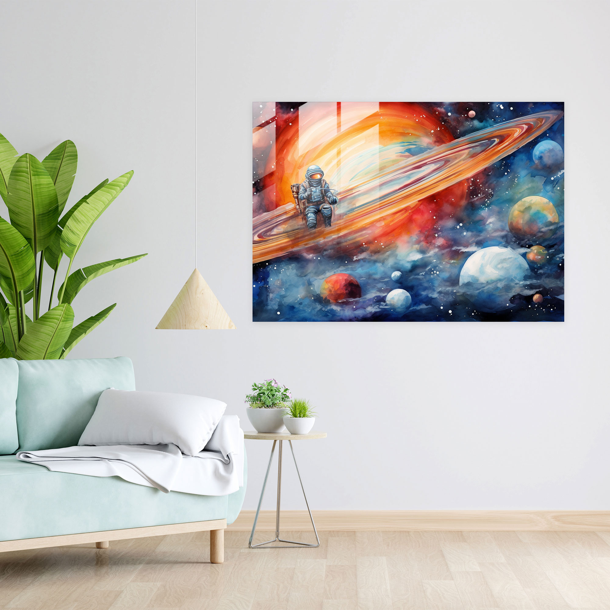 Saturn Glass Print - Astronaut Floating In Space - Earth, Astronaut, Saturn, Wall Decoration