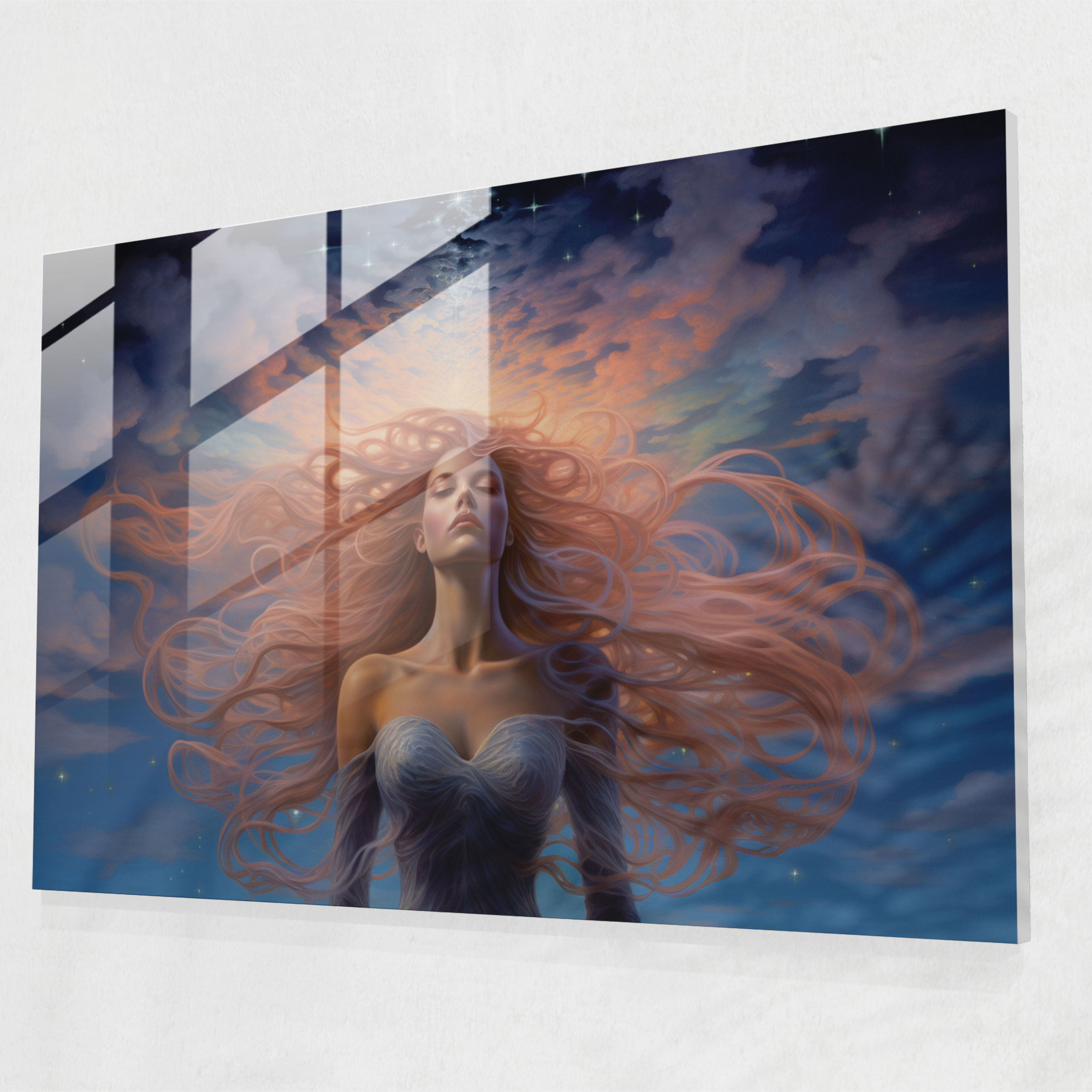 Saturn Glass Print - Surreal Woman On Saturn - Earth, Wall Decoration, Saturn, Ethereal Clouds