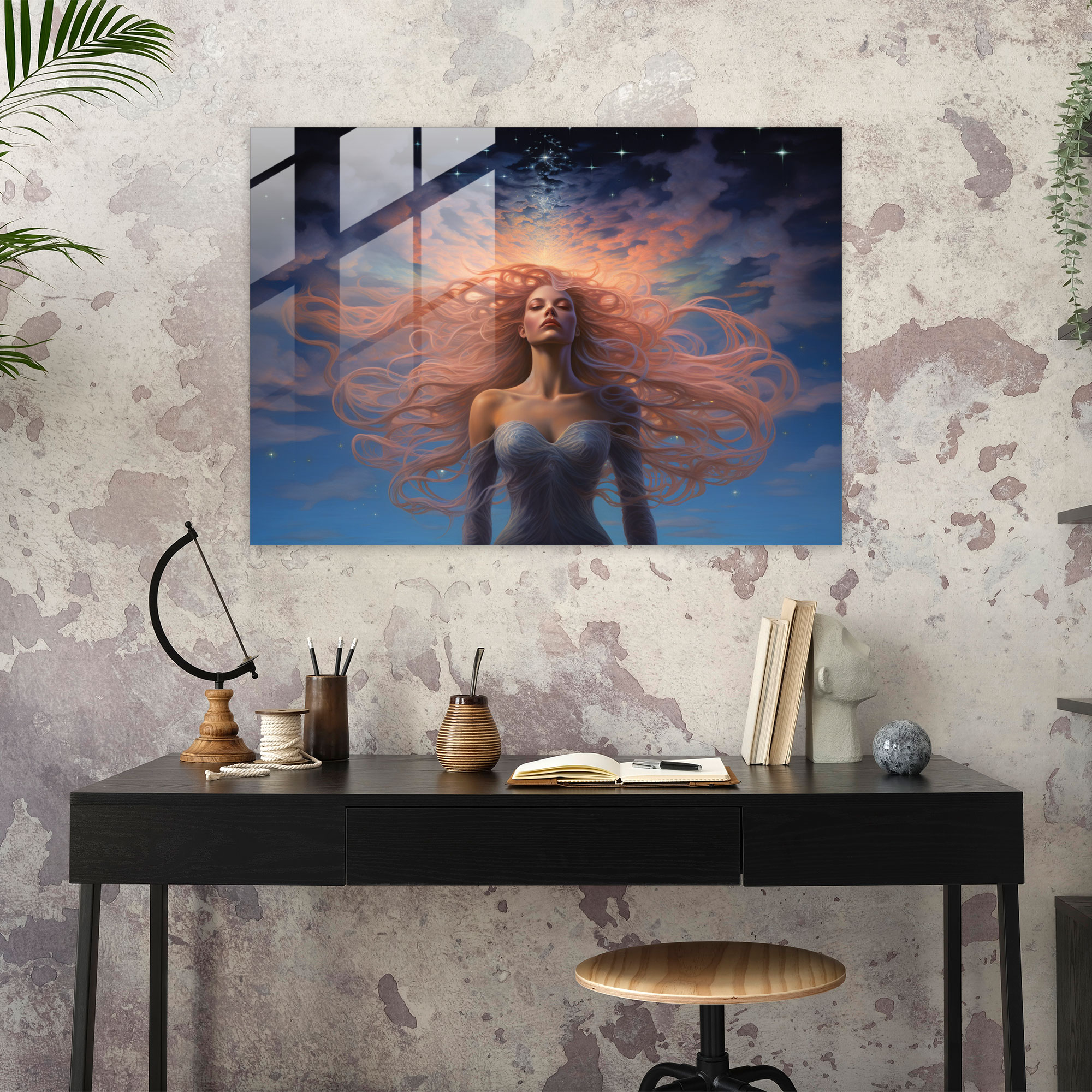 Saturn Glass Print - Surreal Woman On Saturn - Earth, Wall Decoration, Saturn, Ethereal Clouds