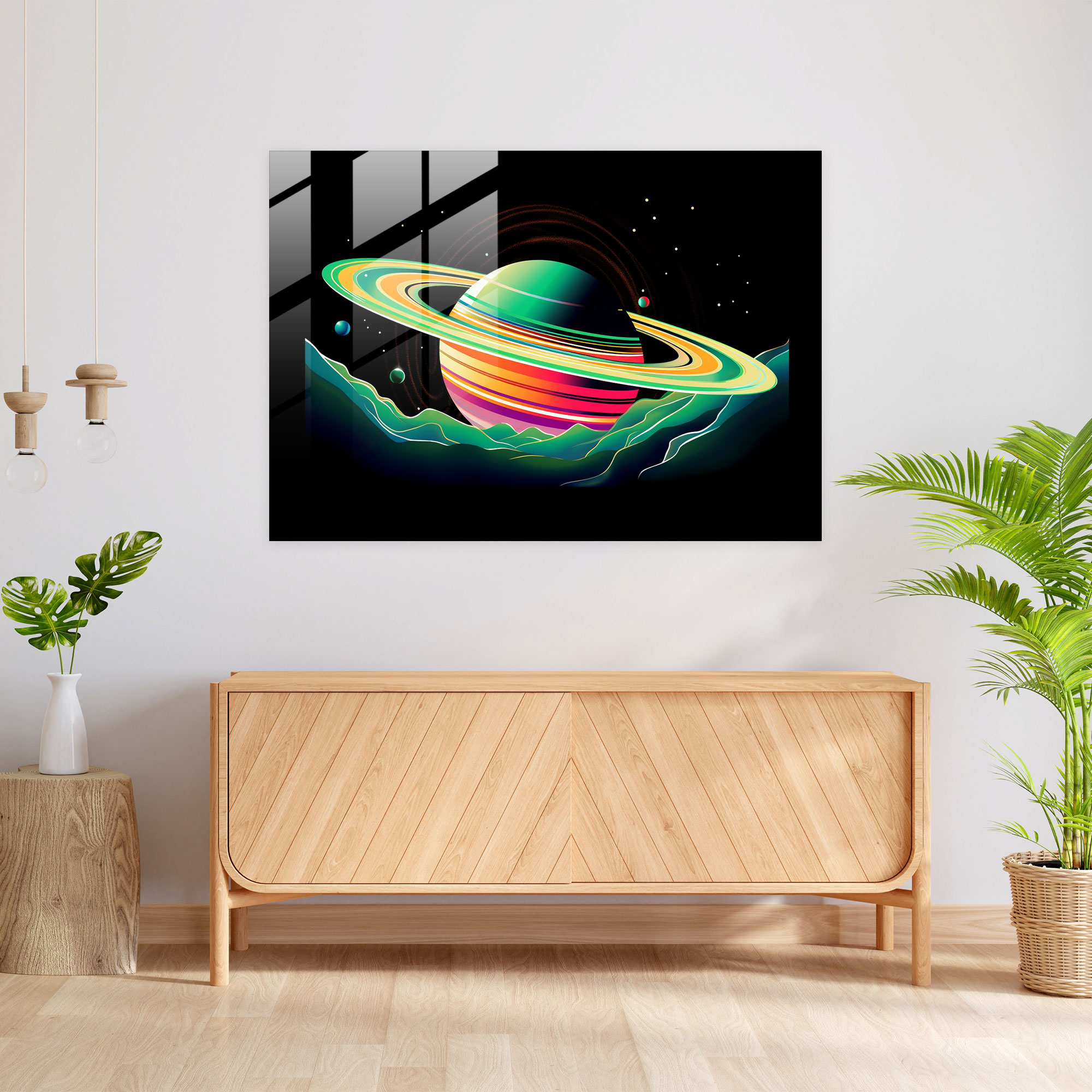 Saturn Glass Print - Pop Art Inspired Illustration - Earth, Glass Wall Art, Modern Art, Retro Charm