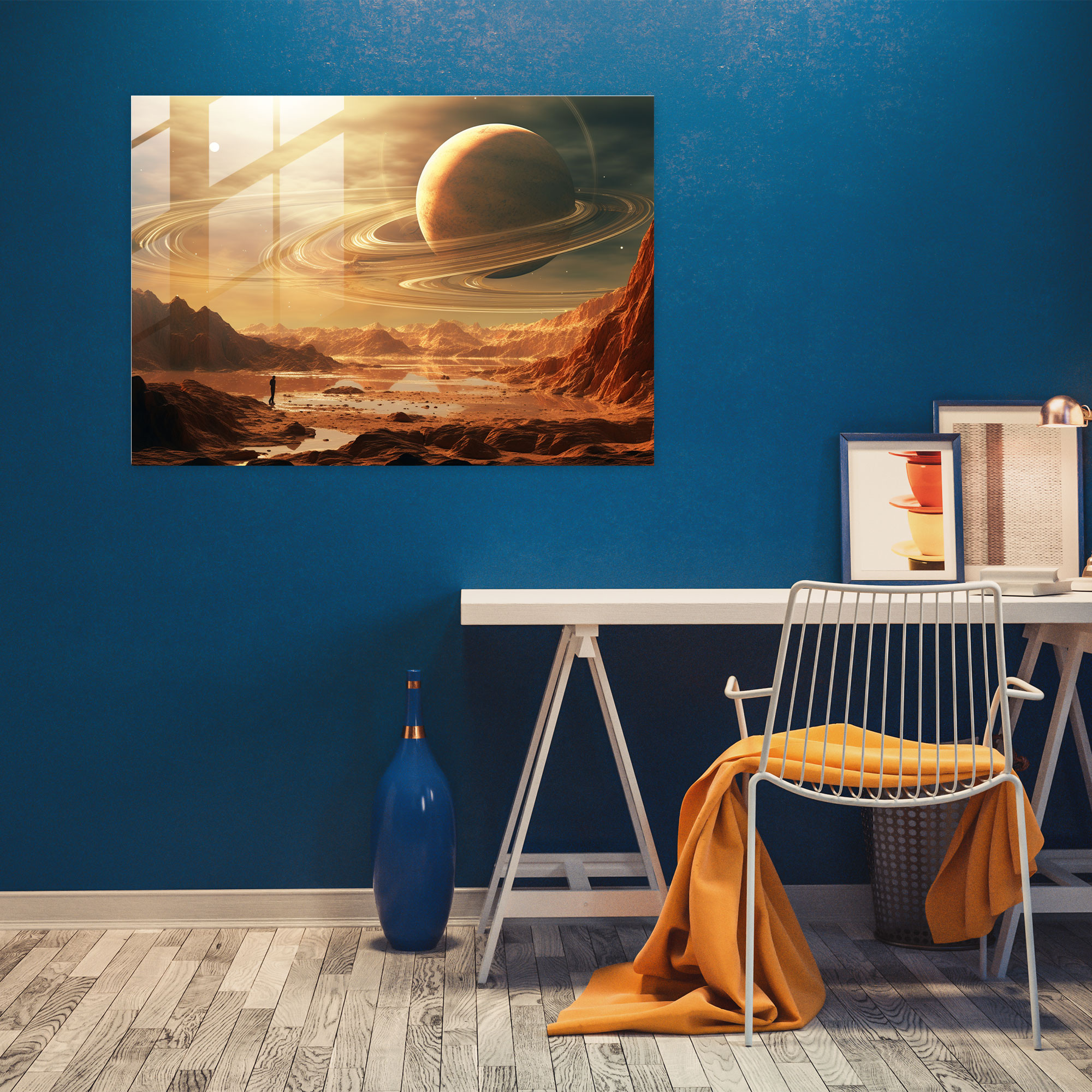 Saturn Glass Wall Art - Surreal Mixed Media - Earth, Photography, Digital Painting, Saturn