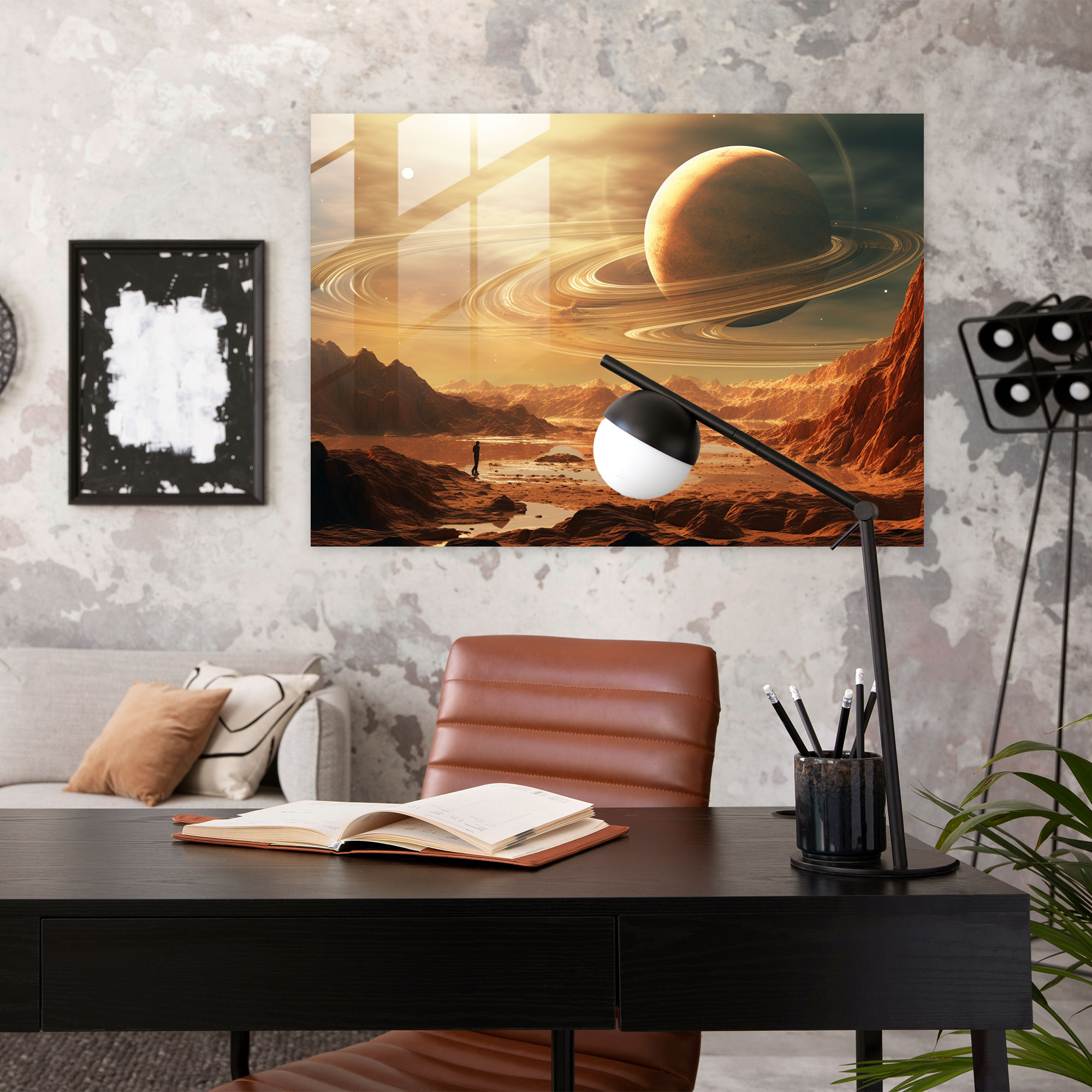Saturn Glass Wall Art - Surreal Mixed Media - Earth, Photography, Digital Painting, Saturn