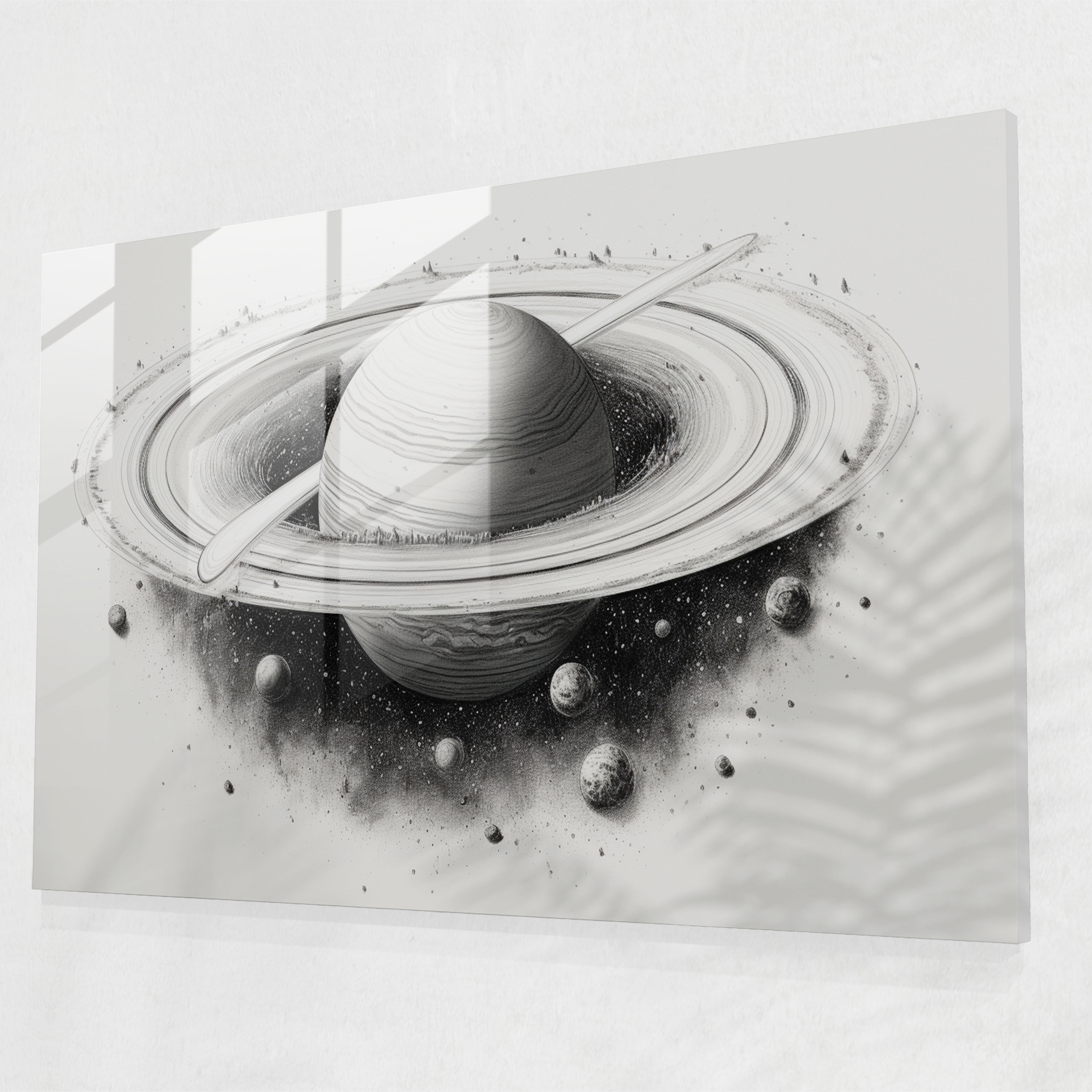 Saturn Glass Print - Monochromatic Ink Drawing - Earth, Glass Wall Art, Monochromatic Ink Drawing, Detailed Illustration