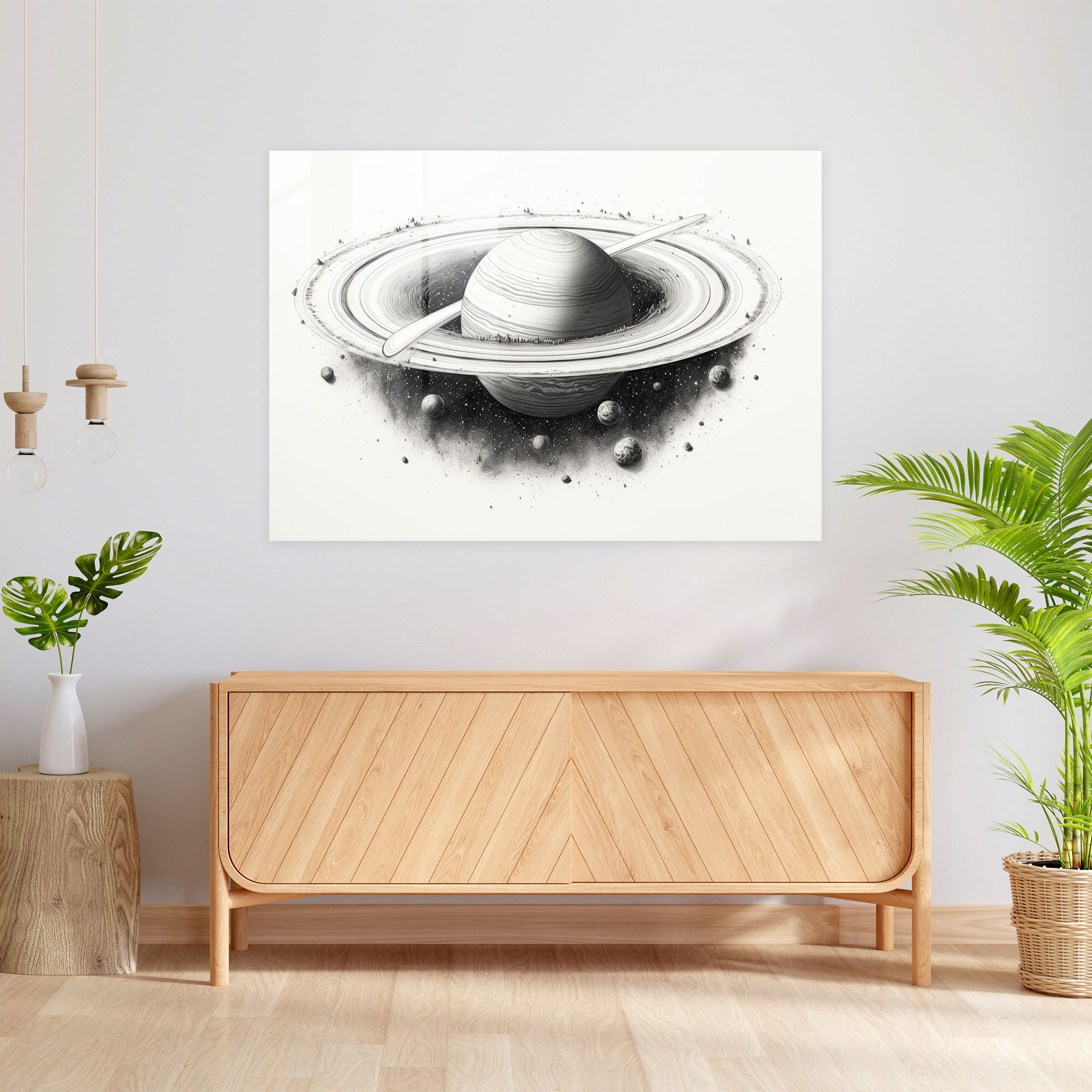 Saturn Glass Print - Monochromatic Ink Drawing - Earth, Glass Wall Art, Monochromatic Ink Drawing, Detailed Illustration
