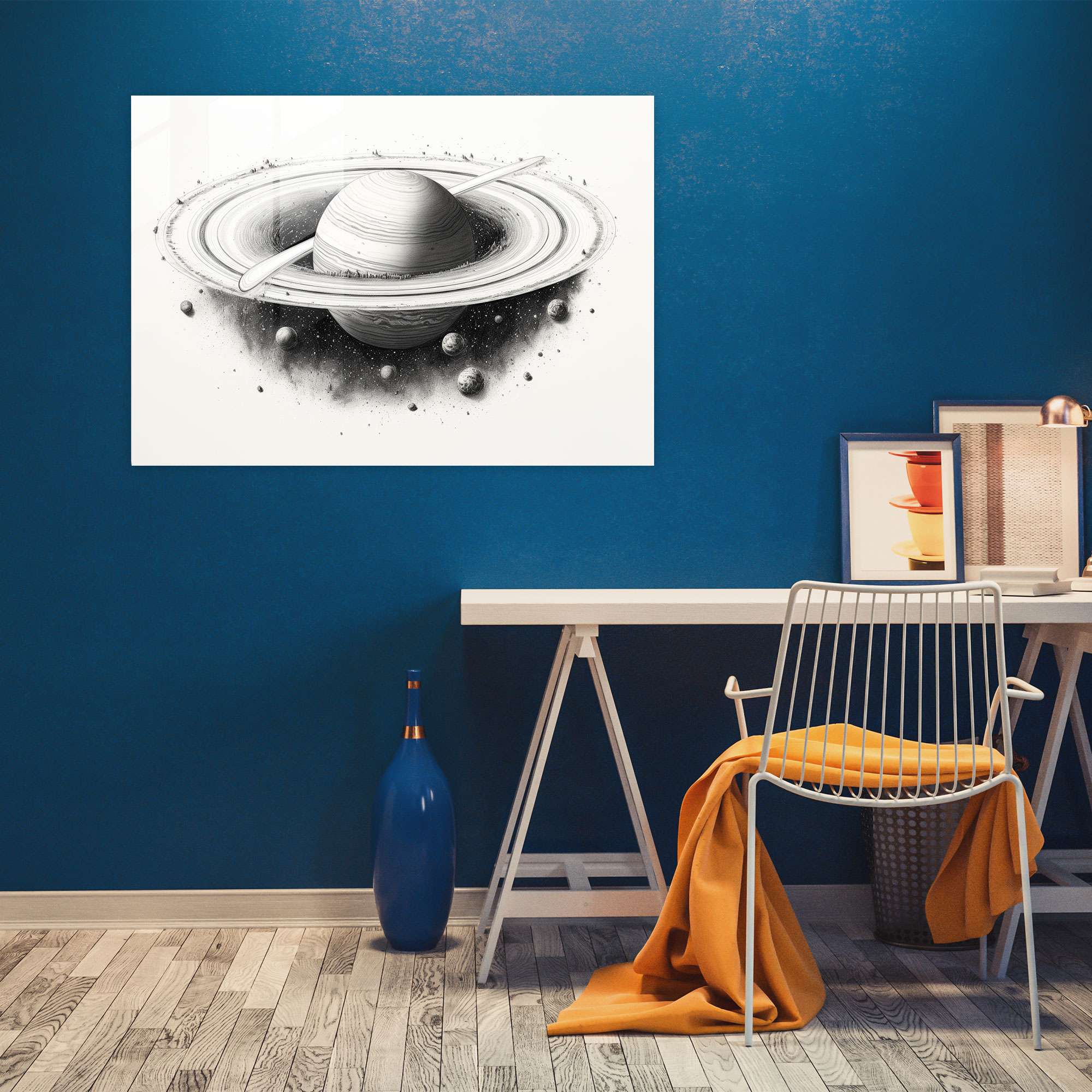 Saturn Glass Print - Monochromatic Ink Drawing - Earth, Glass Wall Art, Monochromatic Ink Drawing, Detailed Illustration