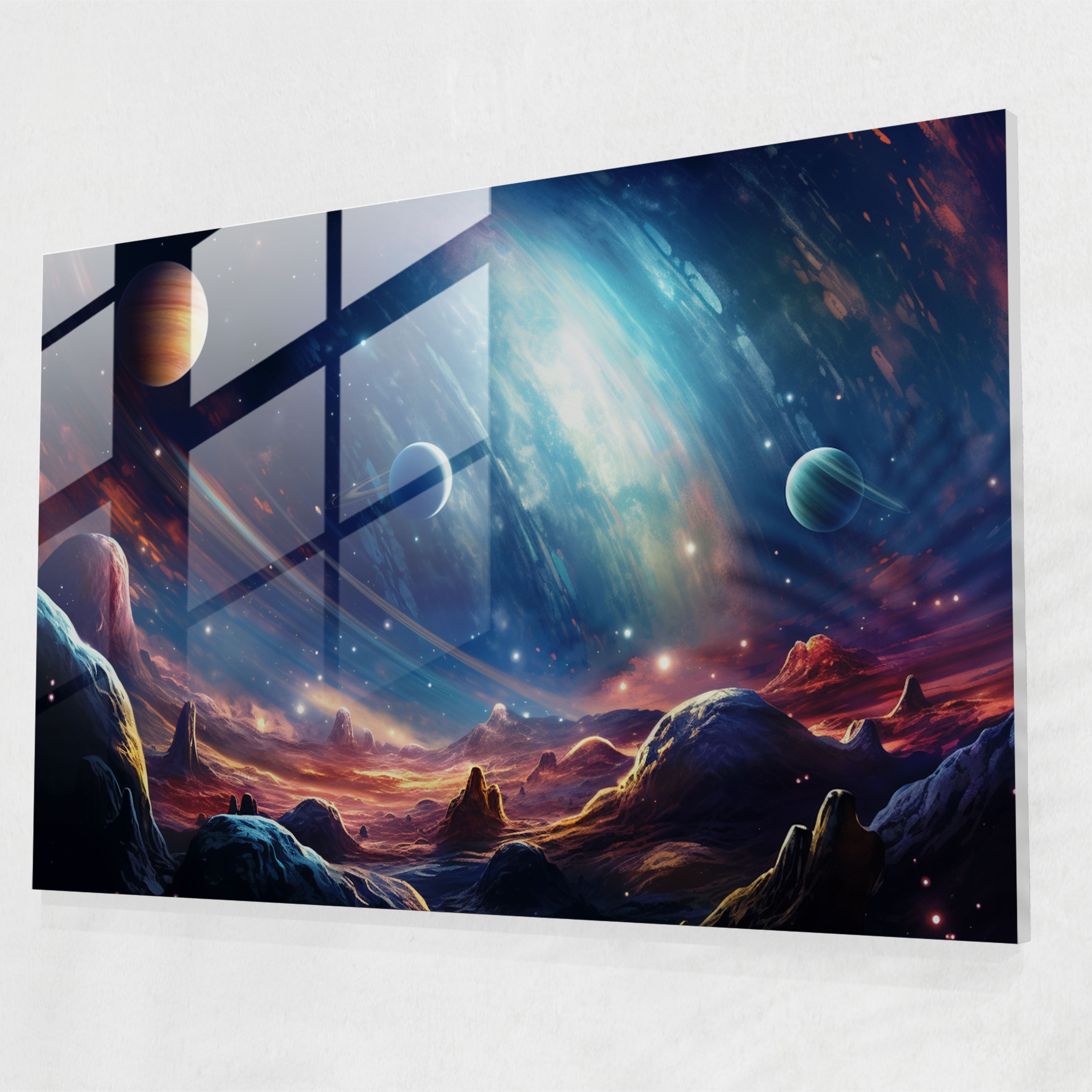 Glasbild Kosmischer Jupiter - Erde Moderne Kunst Glas Kunst Kosmische Reise