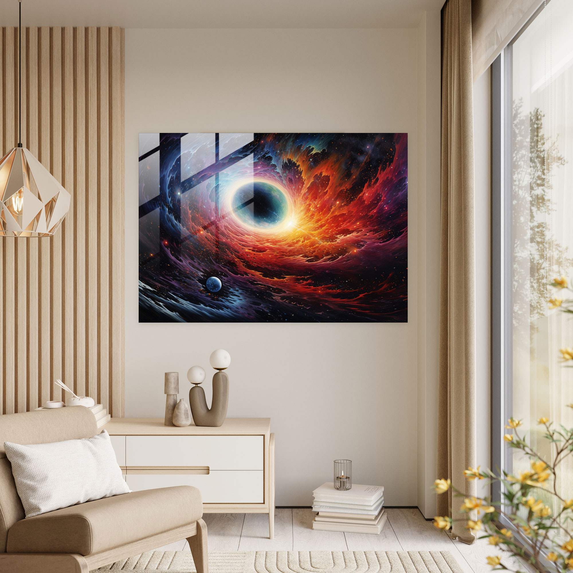 Canlı Siyah Delik Cam Tablo - Dünya Modern Sanat Cam Duvar Sanatı Duvar Dekorasyonu