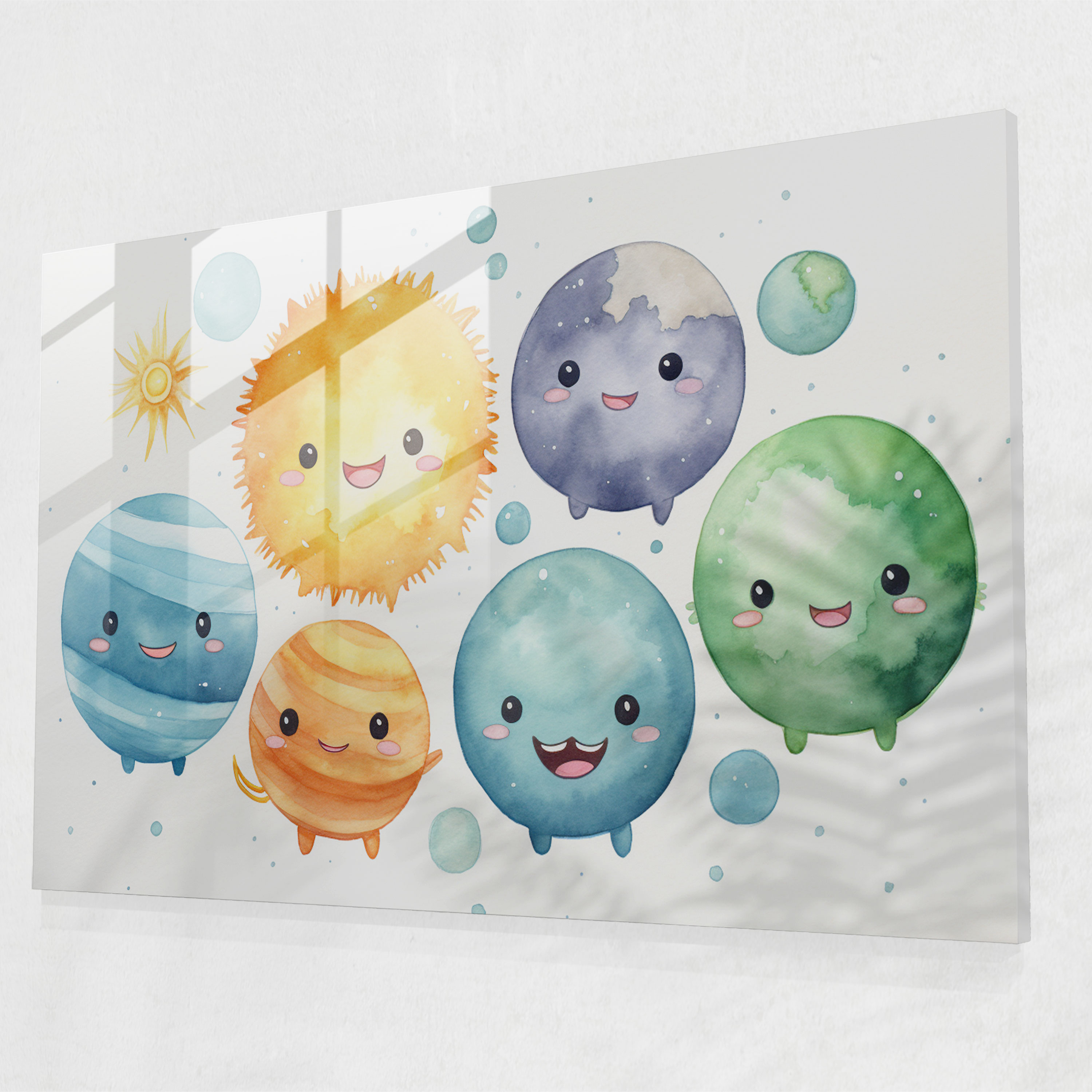 Smiling Planets Glass Print - Earth, Wall Decoration, Whimsical, Glass Wall Art