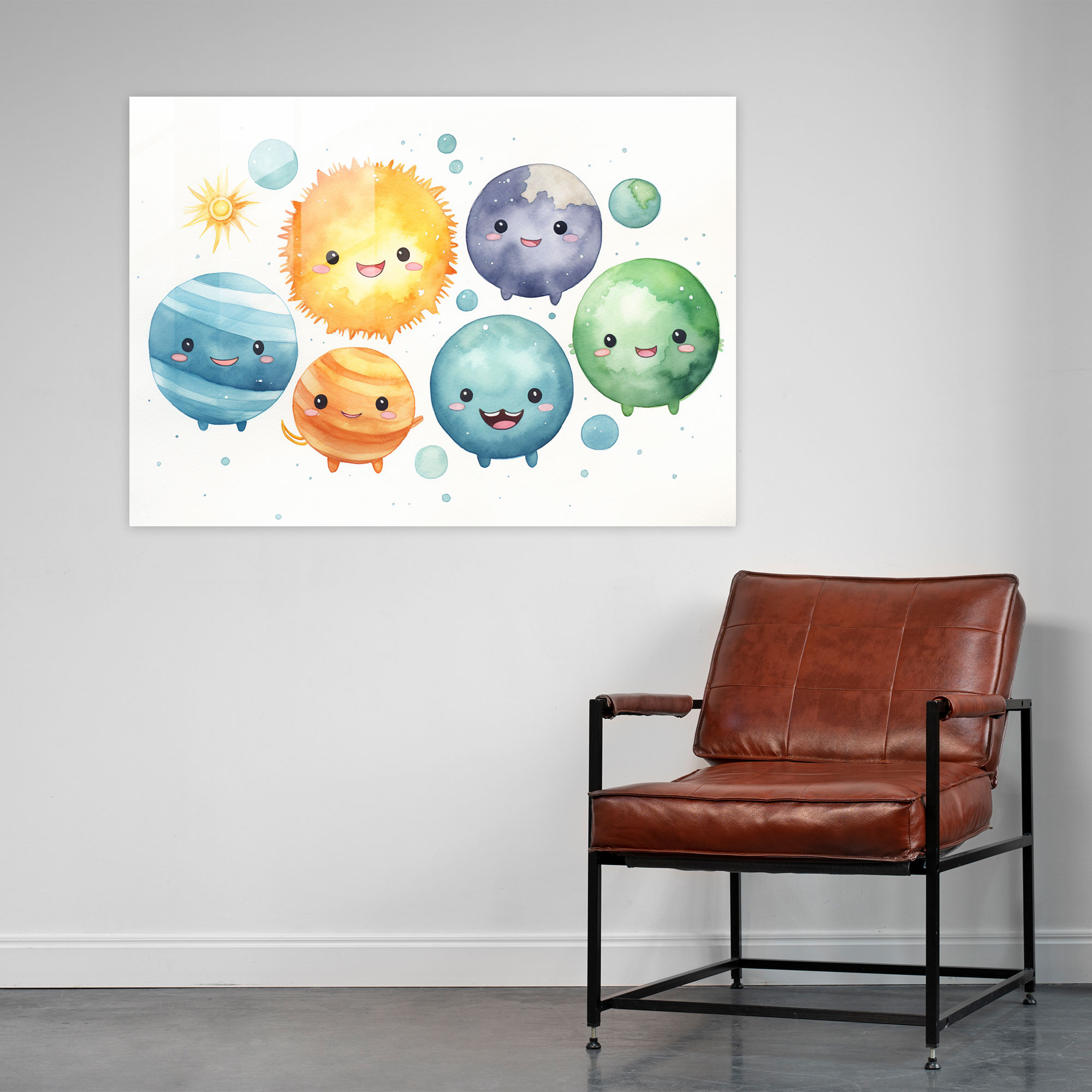 Smiling Planets Glass Print - Earth, Wall Decoration, Whimsical, Glass Wall Art