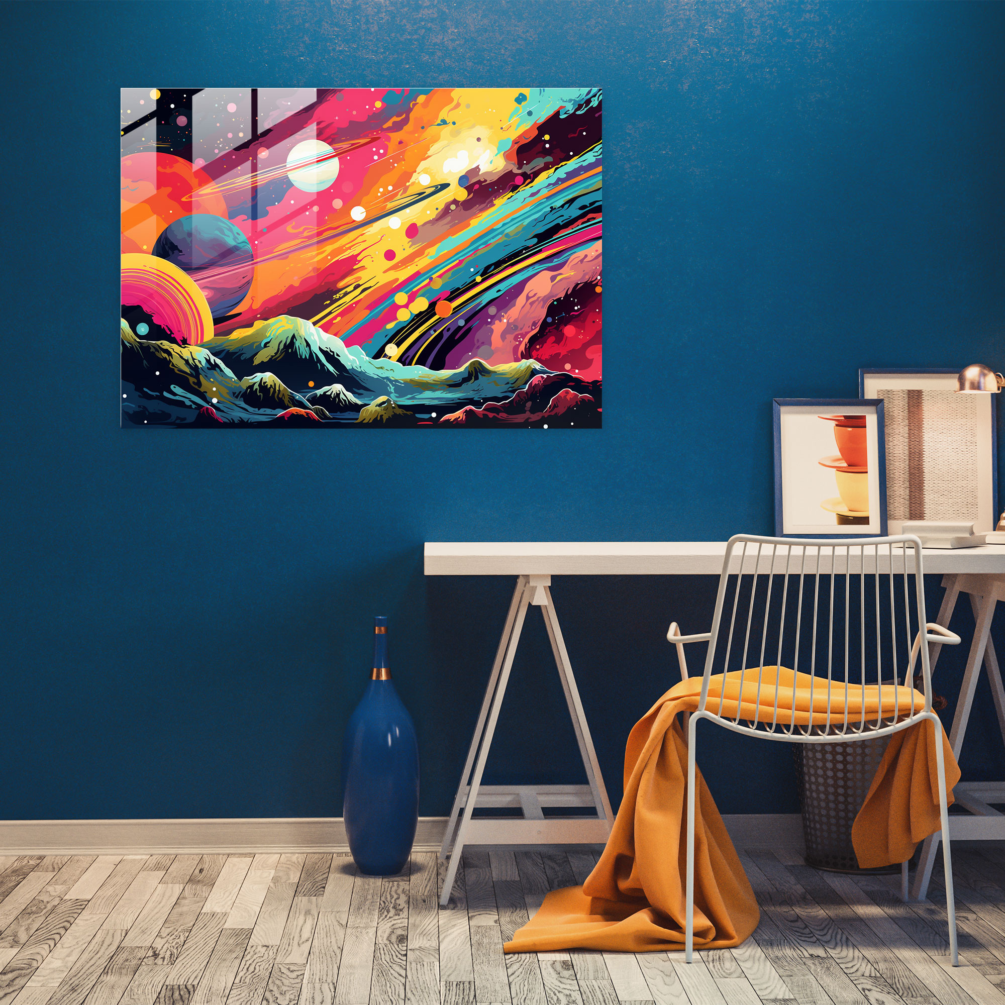 Pop Art Planets Glass Wall Decoration - Earth, Glass Wall Art, Pop Art-Inspired Design, Retro Elements