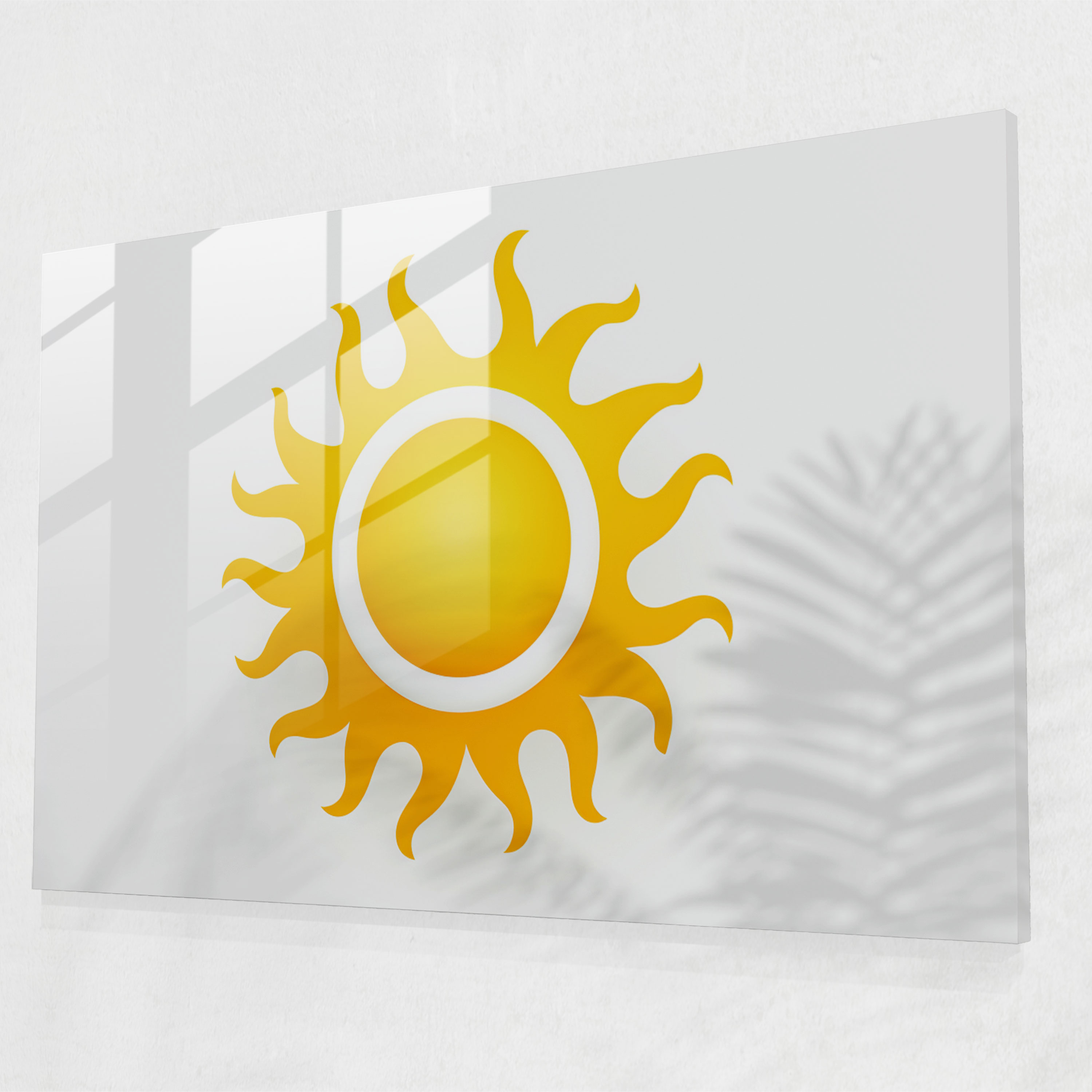 Minimalist Glass Wall Art - Simple Sun Icon On White Background - Earth, Sun Icon, Sun, White Background