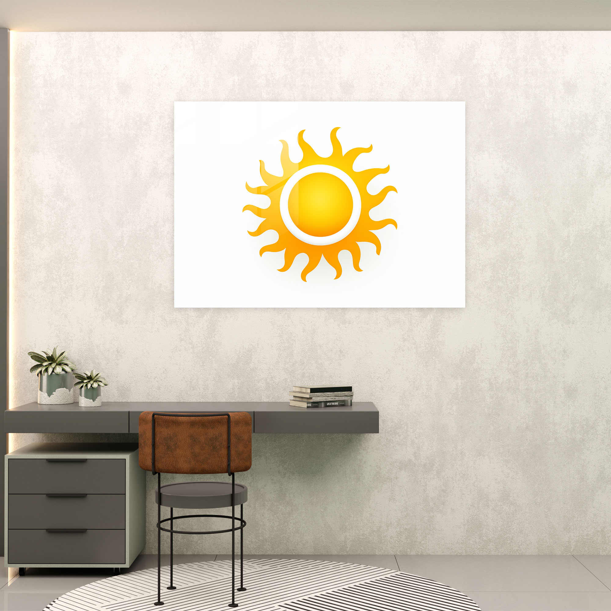 Minimalist Glass Wall Art - Simple Sun Icon On White Background - Earth, Sun Icon, Sun, White Background