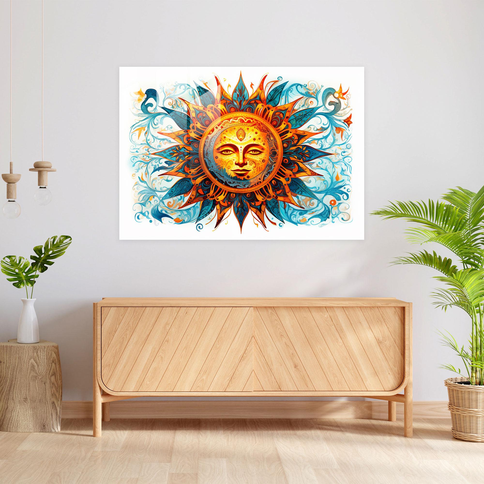 Decorative Glass Print - Sun Icon Surrounded By Intricate Patterns - Earth, Modern Art, Decorative, Wall Decoration
