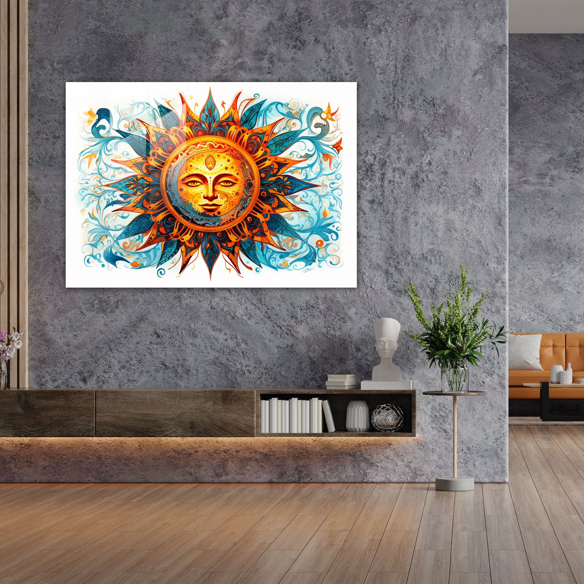 Decorative Glass Print - Sun Icon Surrounded By Intricate Patterns - Earth, Modern Art, Decorative, Wall Decoration