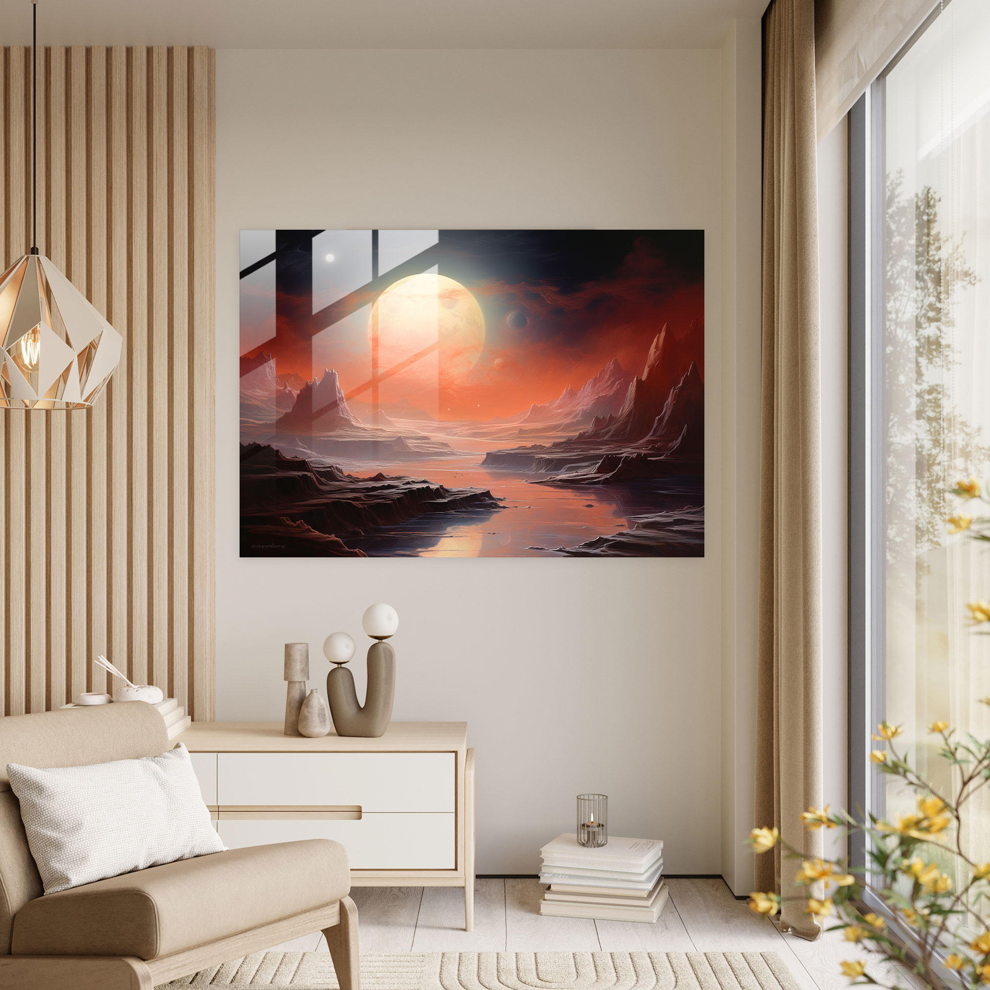 Io Serenity Glass Print - Earth, Serene Landscape, Home Decoration, Oil Painting On Canvas