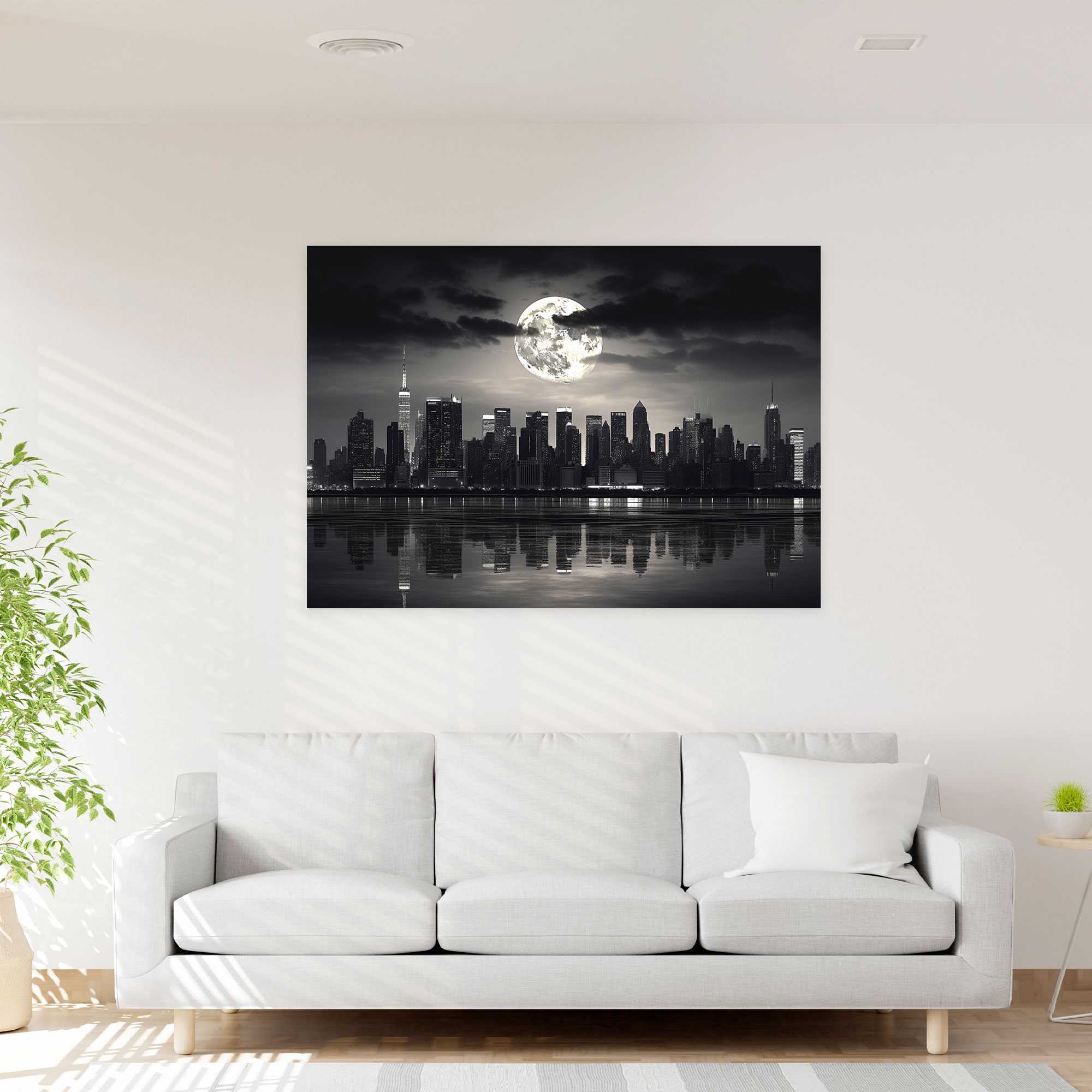Moonlit Cityscape Canvas Print - Earth, Moon, Wall Art, Wall Decoration