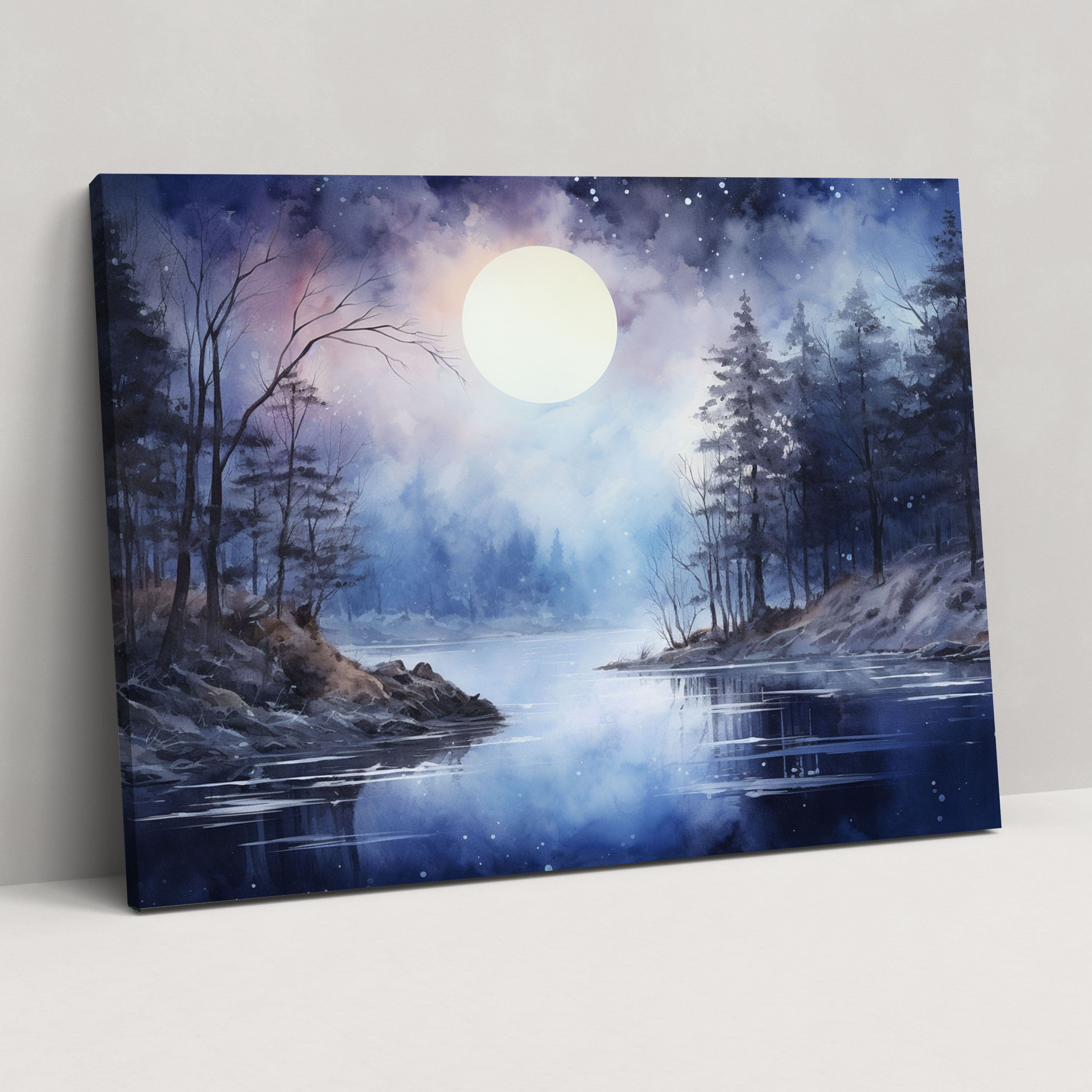 Moonlit Lake Canvas Print - Earth, Wall Art, Canvas Print, Watercolor Painting
