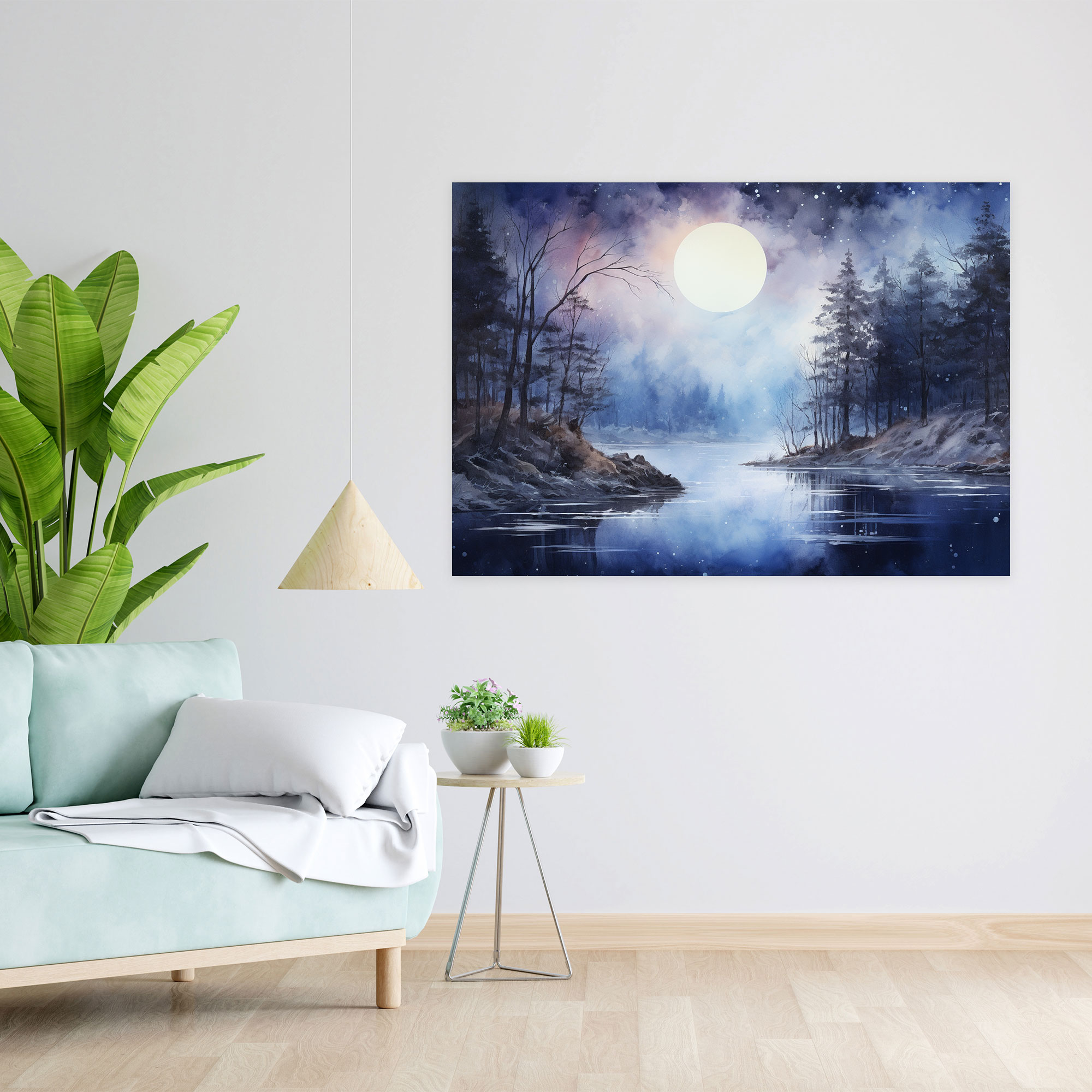 Moonlit Lake Canvas Print - Earth, Wall Art, Canvas Print, Watercolor Painting