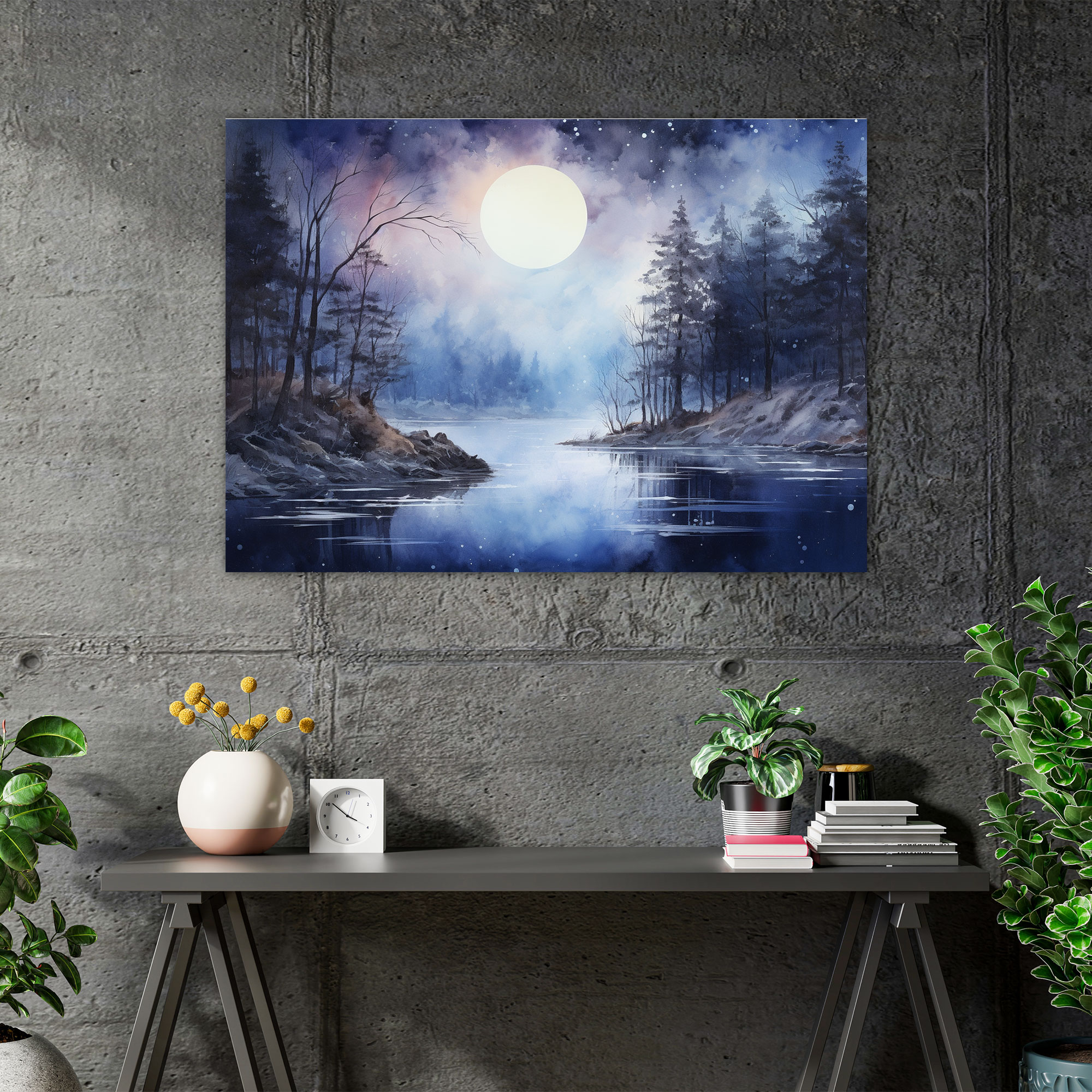Moonlit Lake Canvas Print - Earth, Wall Art, Canvas Print, Watercolor Painting