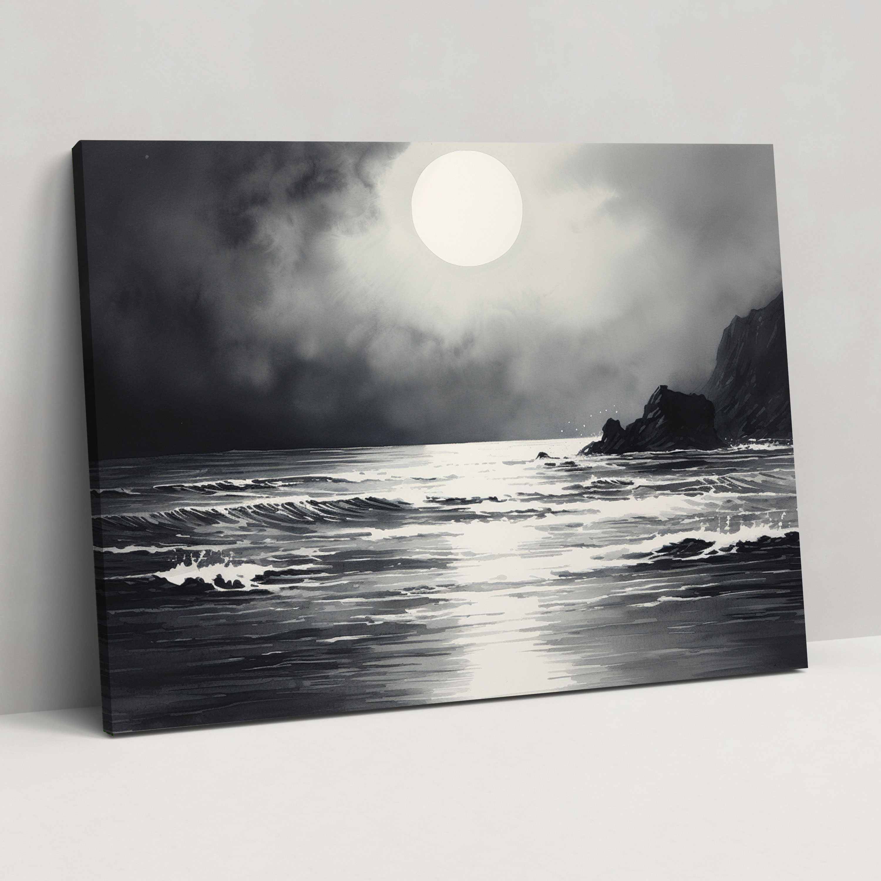 Moonlit Seascape Wall Art - Earth, Ink Wash Painting, Moon, Canvas Print