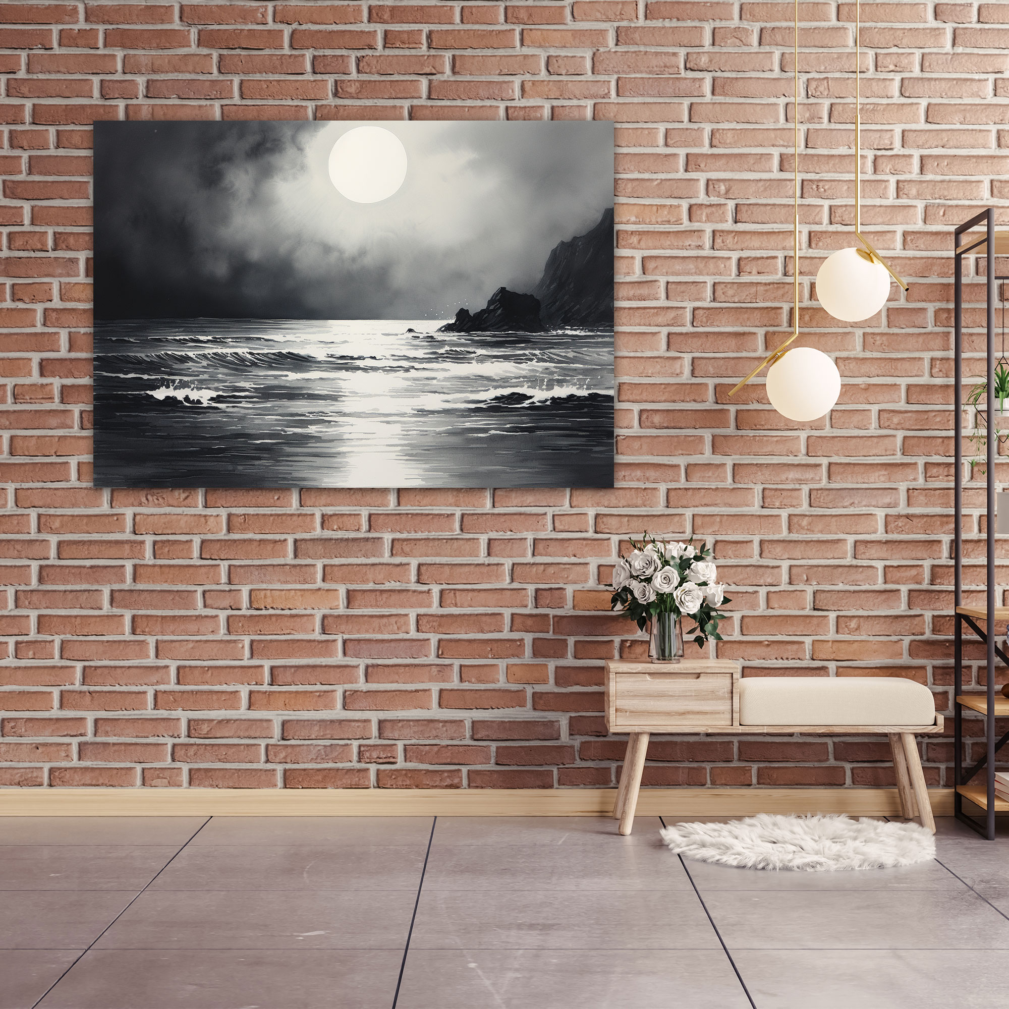 Moonlit Seascape Wall Art - Earth, Ink Wash Painting, Moon, Canvas Print