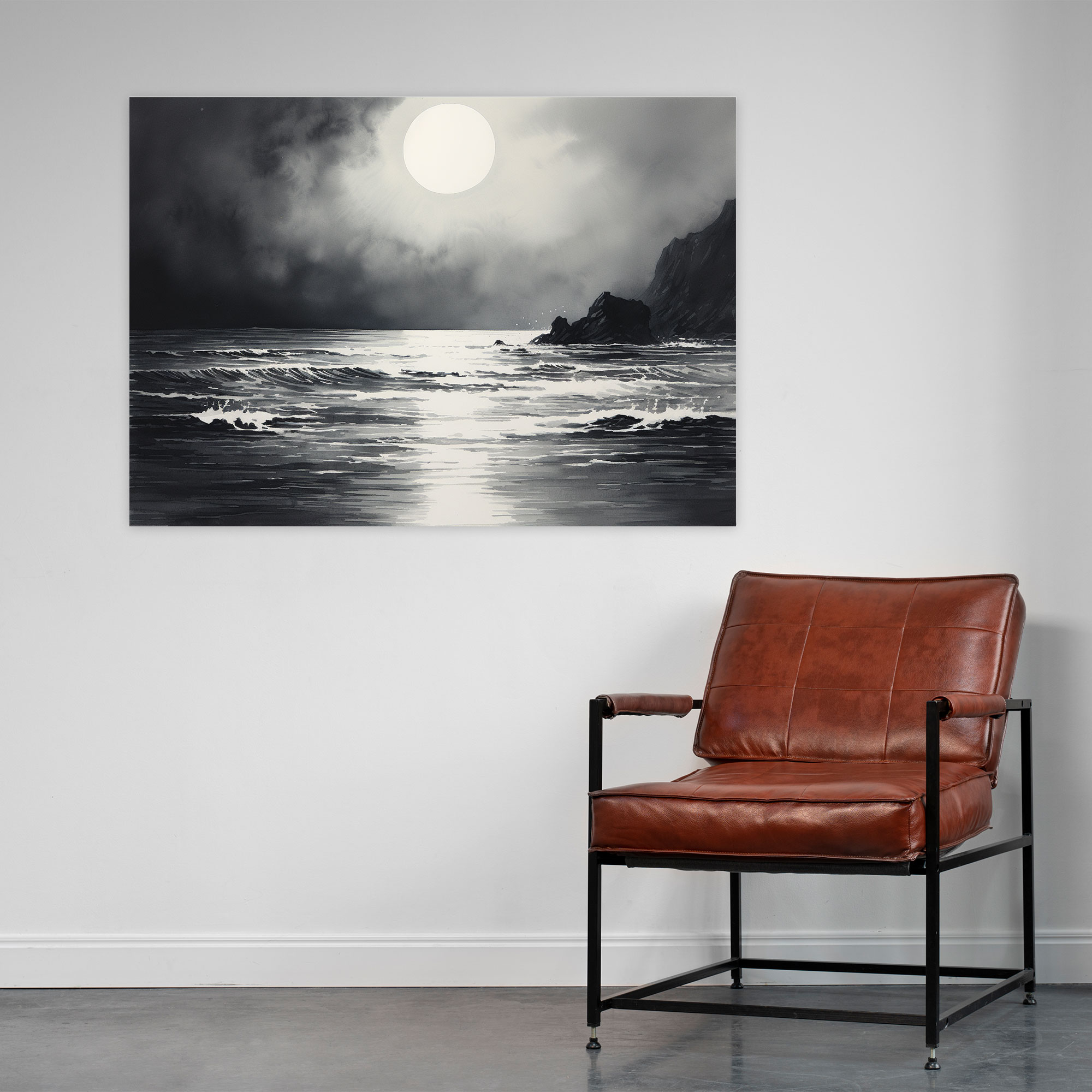 Moonlit Seascape Wall Art - Earth, Ink Wash Painting, Moon, Canvas Print