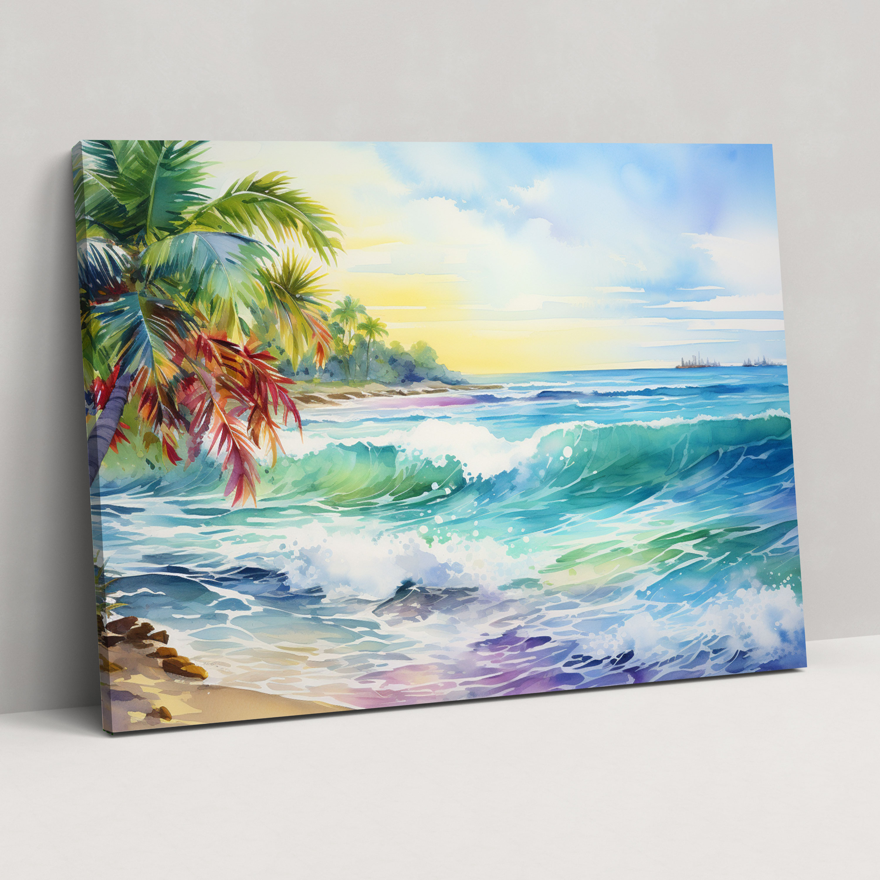 Sunshine Beach Canvas Print - Earth, Palm Trees, Sun, Canvas Wall Art