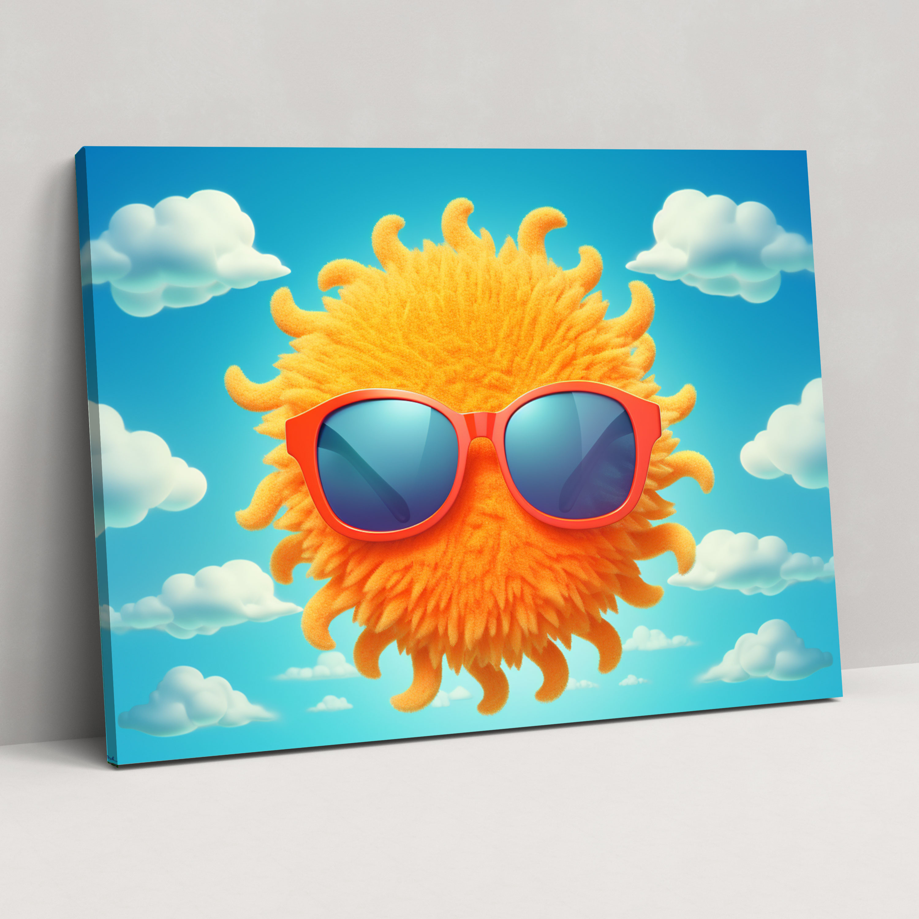 Sunny Wall Art - Earth, Fluffy Clouds, Sun Wearing Sunglasses, Blue Sky