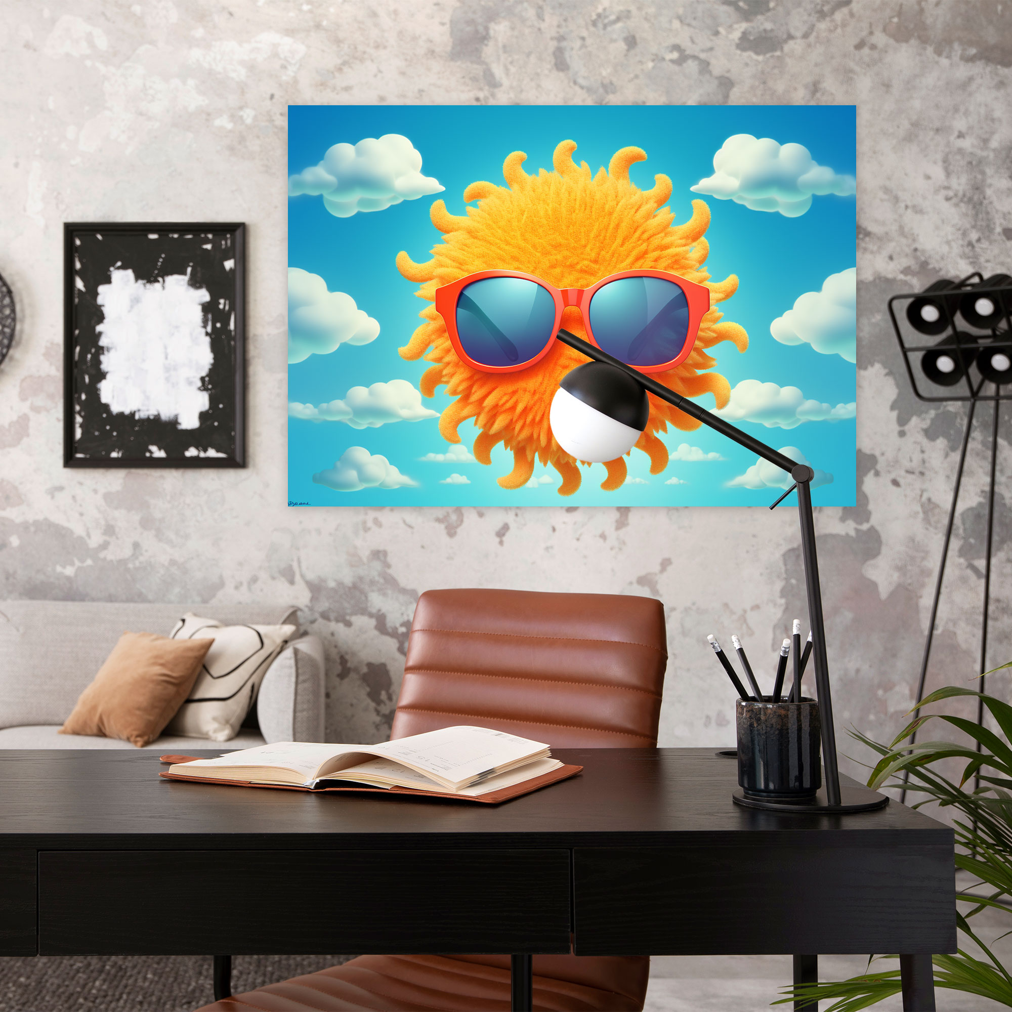Sunny Wall Art - Earth, Fluffy Clouds, Sun Wearing Sunglasses, Blue Sky