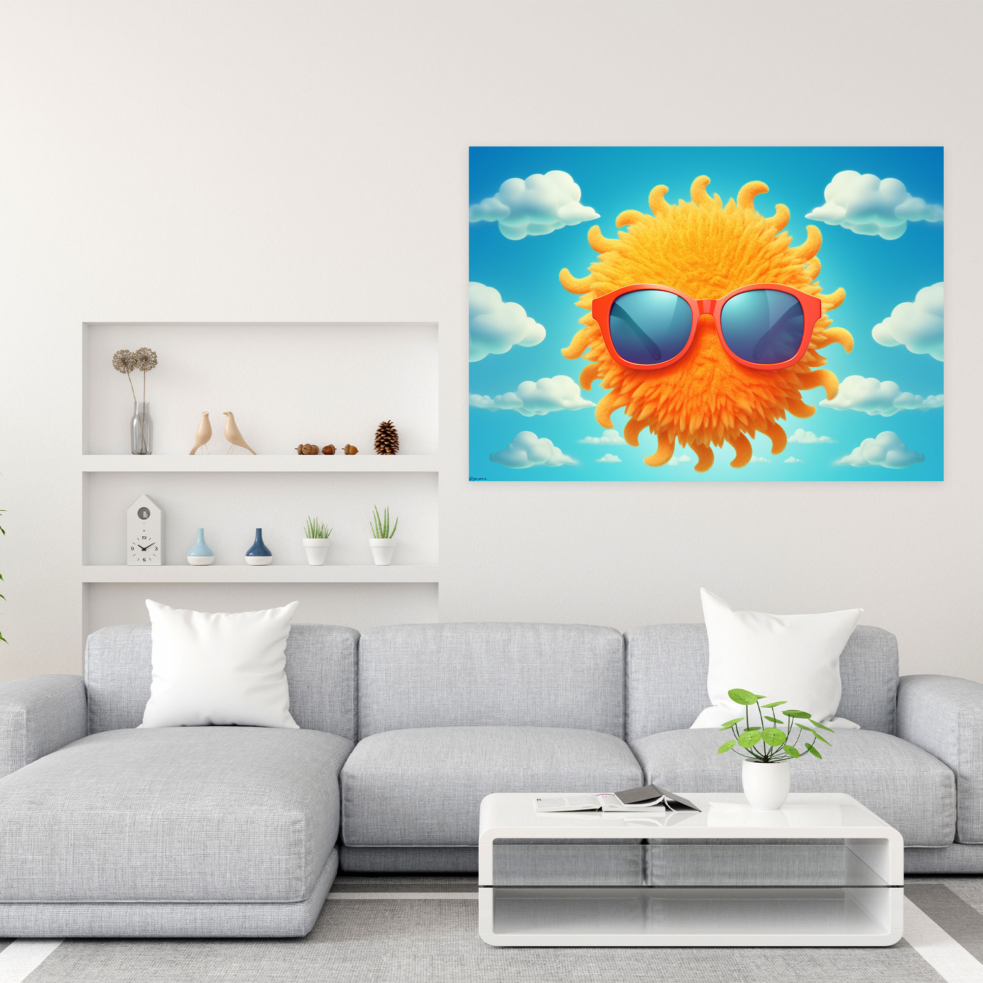 Sunny Wall Art - Earth, Fluffy Clouds, Sun Wearing Sunglasses, Blue Sky