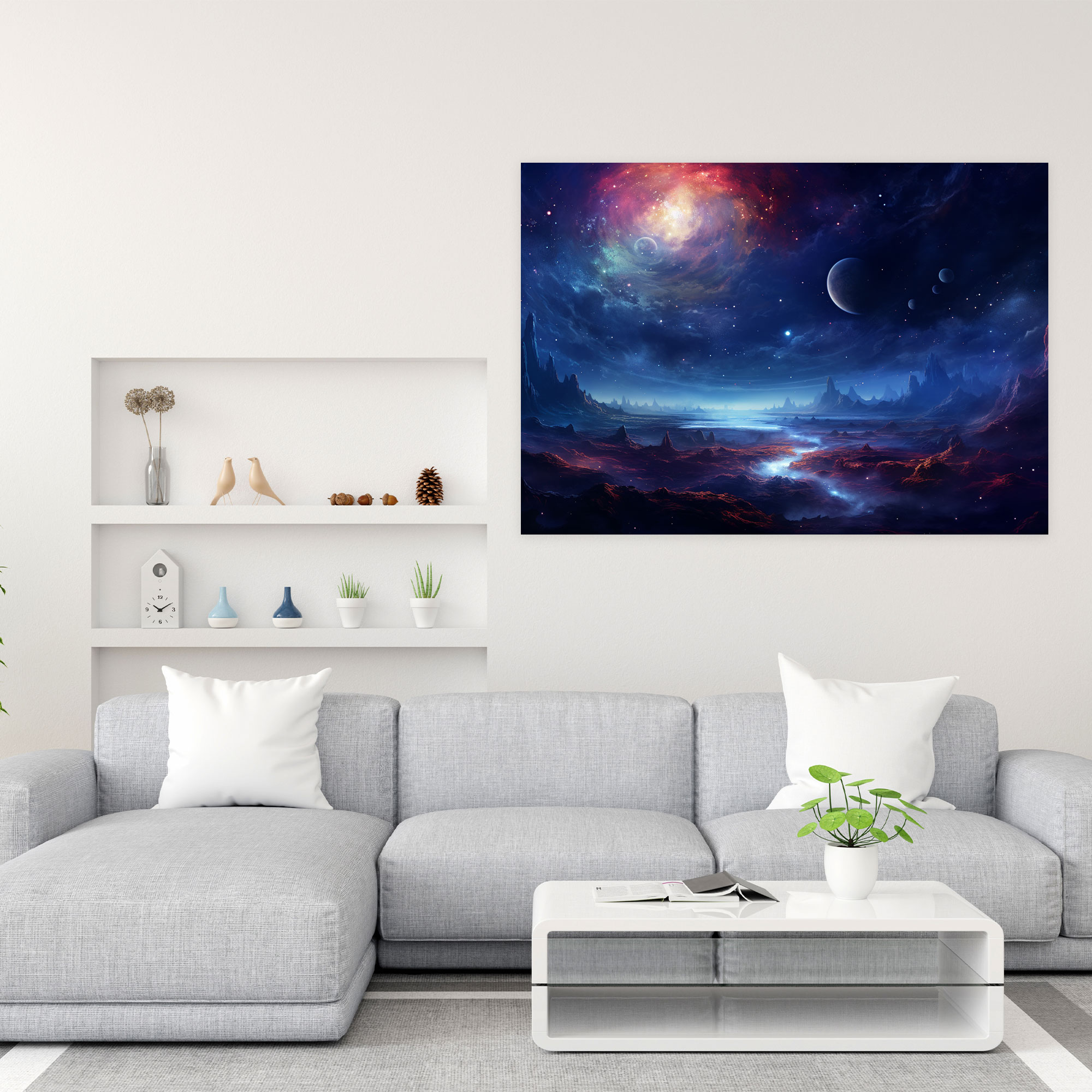 Dreamy Galaxy Canvas Print - Earth, Celestial Moon, Swirling Galaxies, Canvas