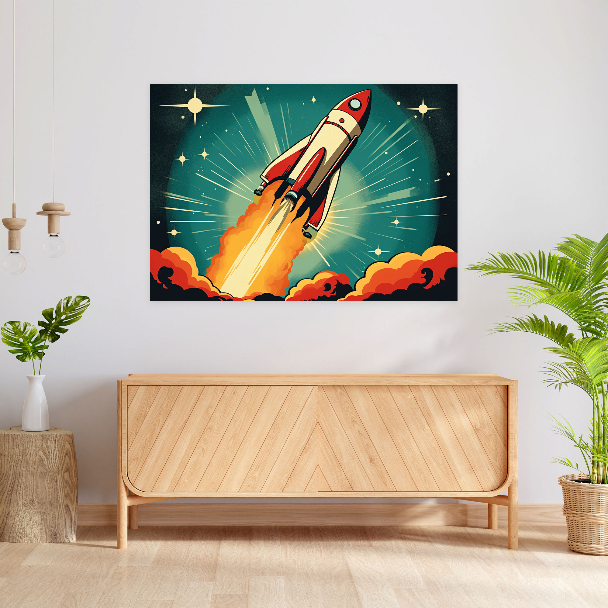 Retro Rocket Galaxy Wall Art - Earth, Rocket Ship, Canvas Wall Art, Home Decoration