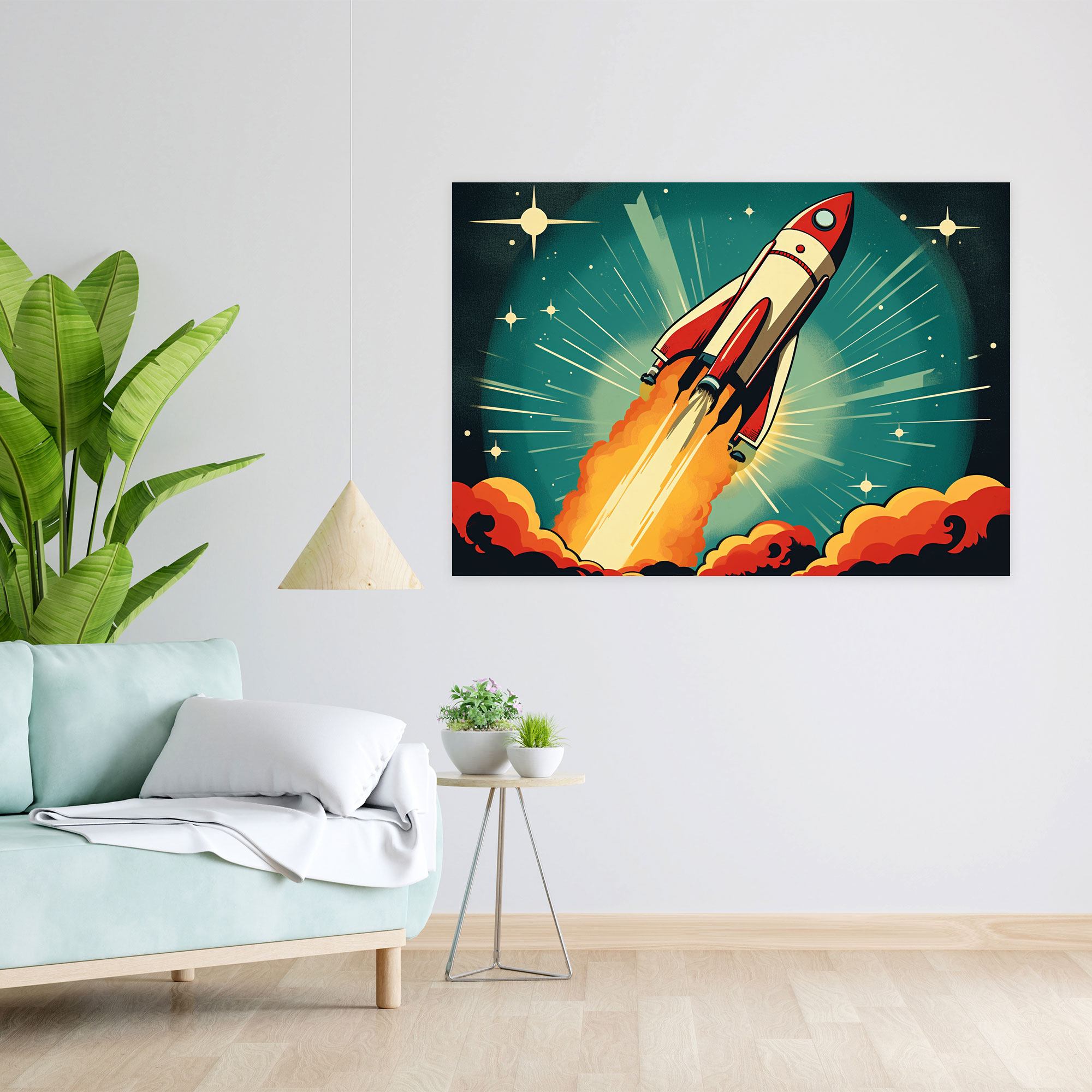 Retro Rocket Galaxy Wall Art - Earth, Rocket Ship, Canvas Wall Art, Home Decoration