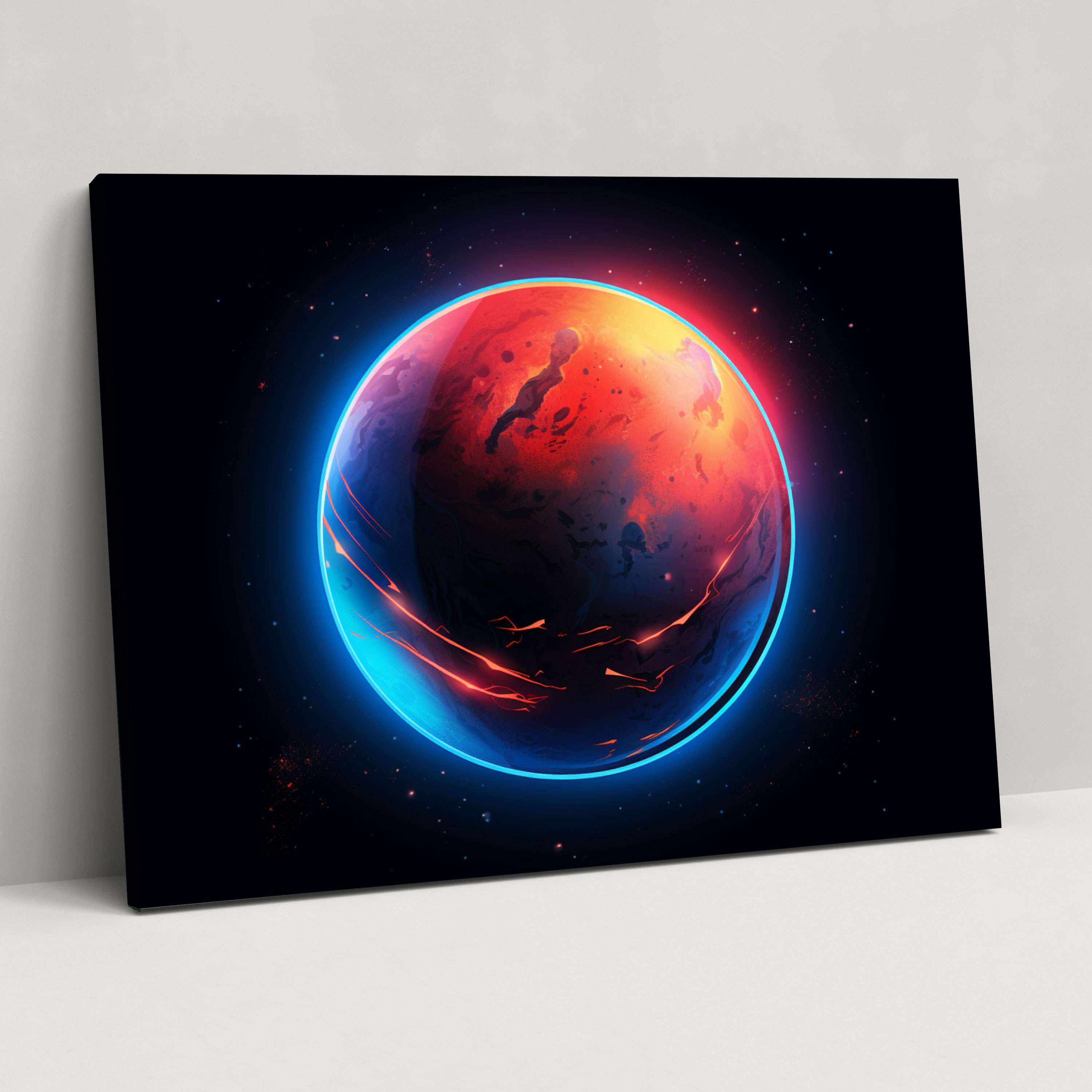 Mars Duvar Sanatı - Gelecekten Gelen Neon Işıklı Kanvas Tablo - Dünya Mars Duvar Dekorasyonu Şık Çizgiler