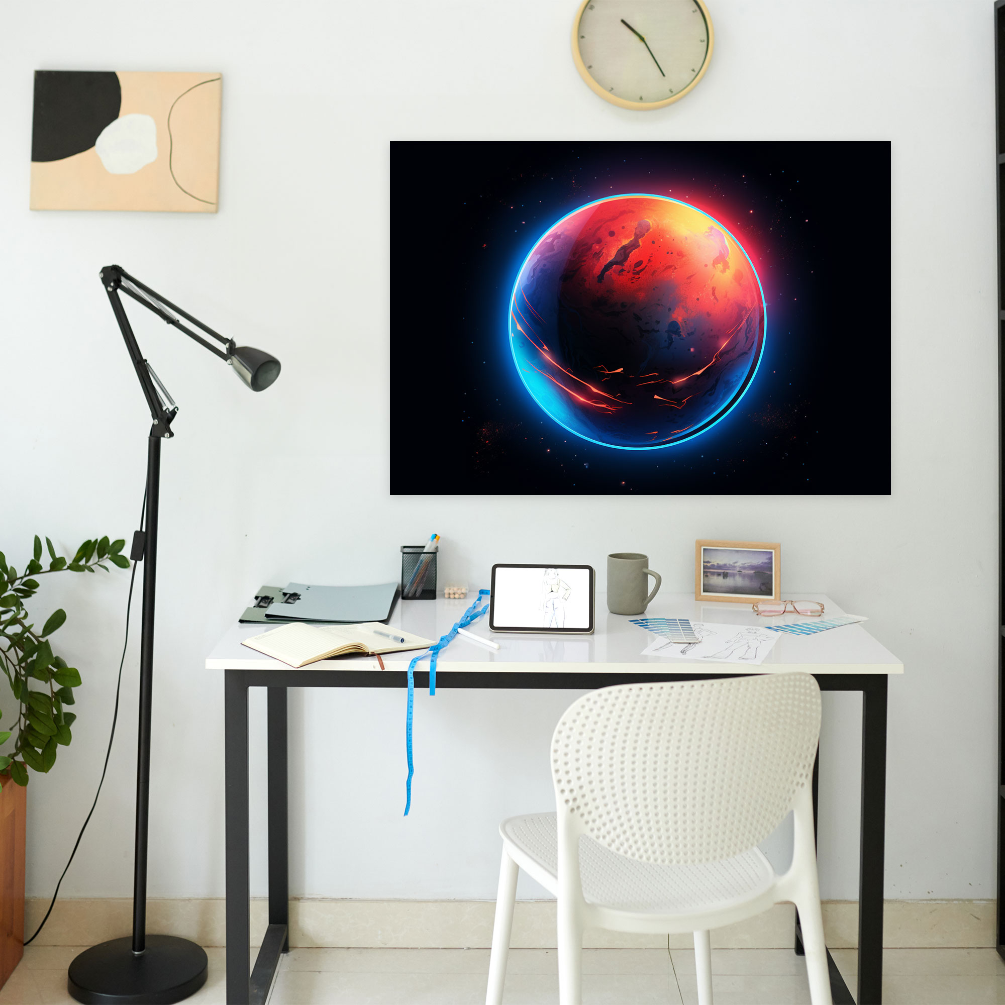 Mars Duvar Sanatı - Gelecekten Gelen Neon Işıklı Kanvas Tablo - Dünya Mars Duvar Dekorasyonu Şık Çizgiler
