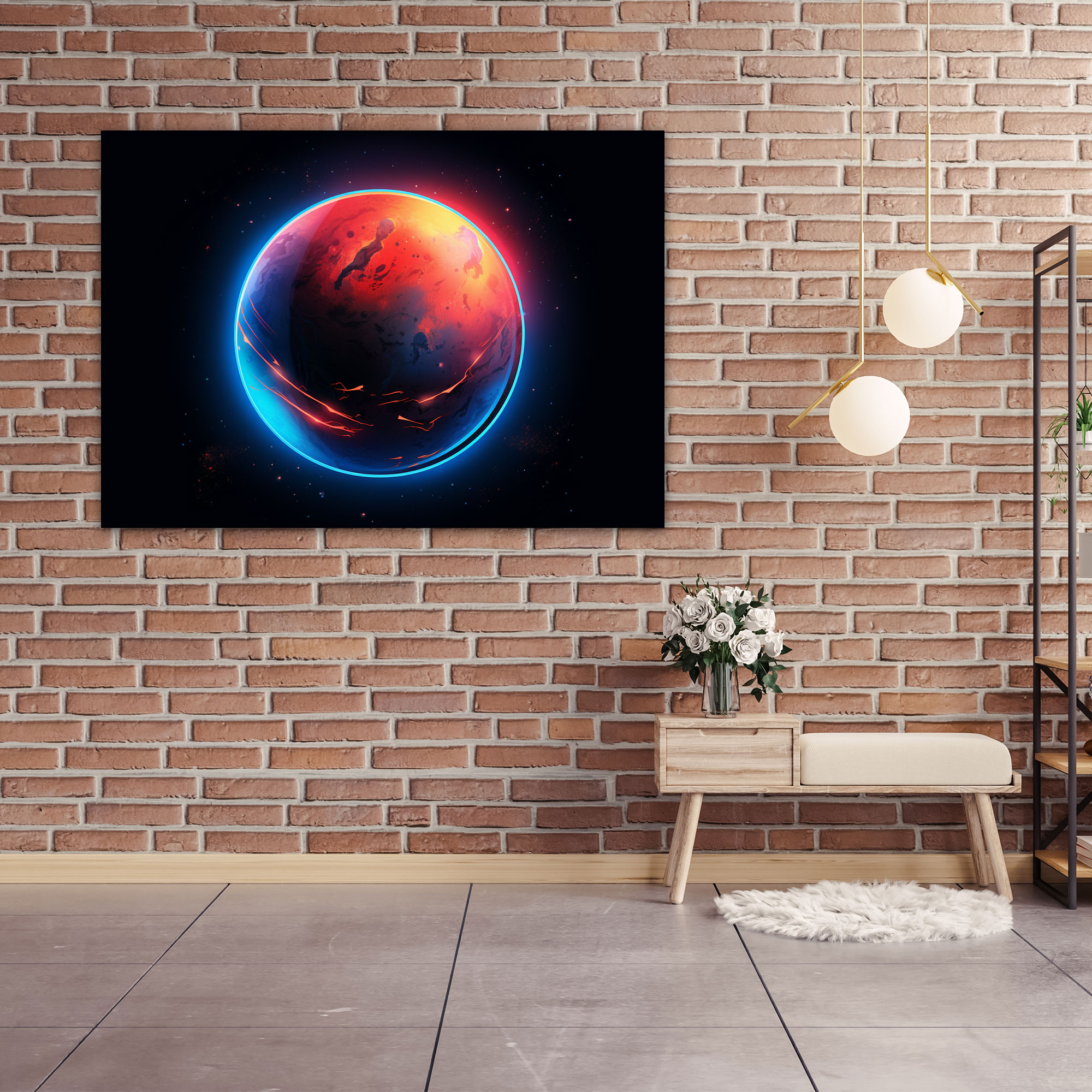 Mars Duvar Sanatı - Gelecekten Gelen Neon Işıklı Kanvas Tablo - Dünya Mars Duvar Dekorasyonu Şık Çizgiler